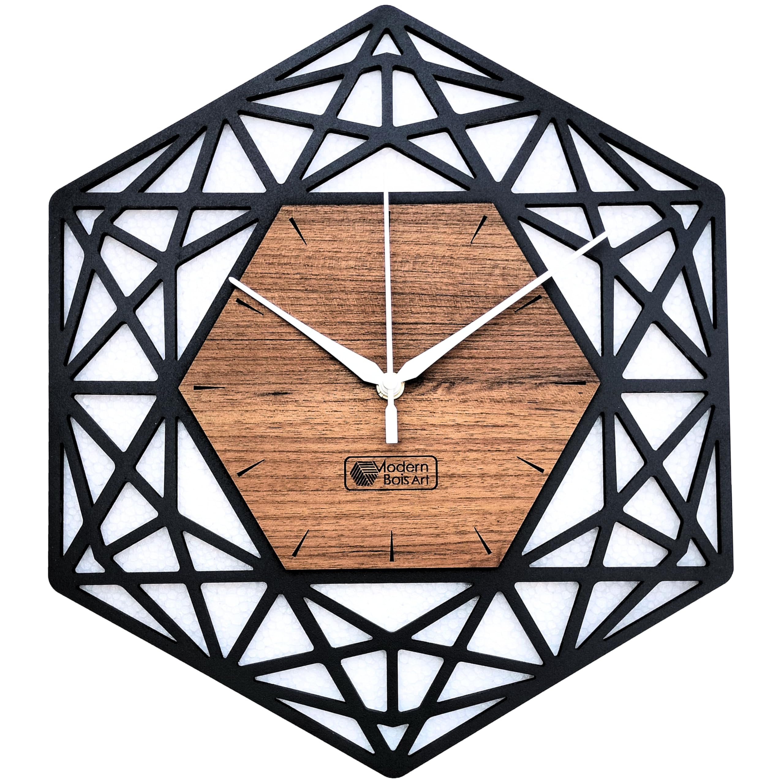 Modern Bois Art Antique Geometric Design Handmade Wood Wall Clock, Big Size Modern Analog Wall Clock For Home Decor (Black, And