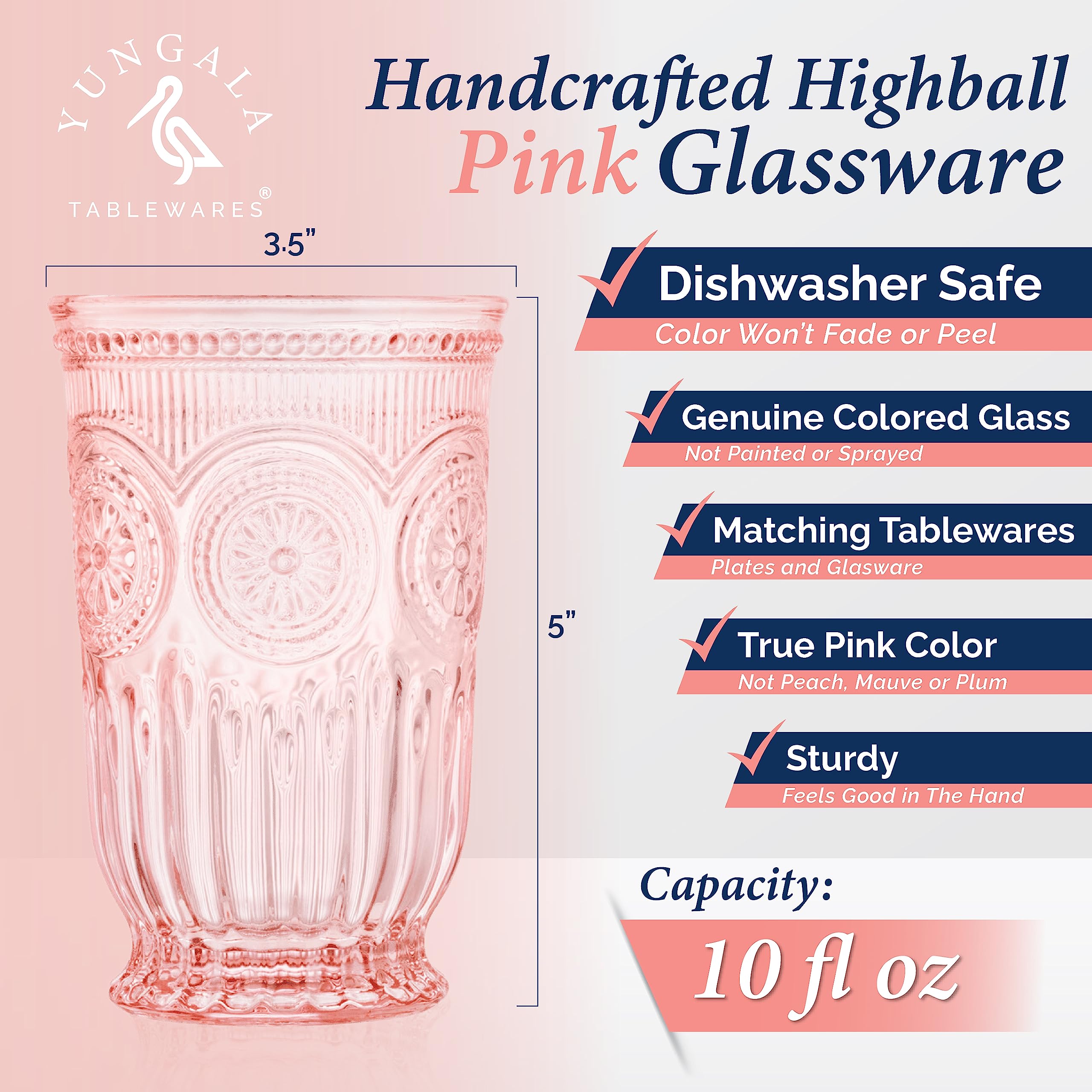 Yungala Pink Highball Tumblers Set Of 6 Vintage Glassware Pink Drinking Glasses For Lovers Of Colored Glassware And Colorful Dri