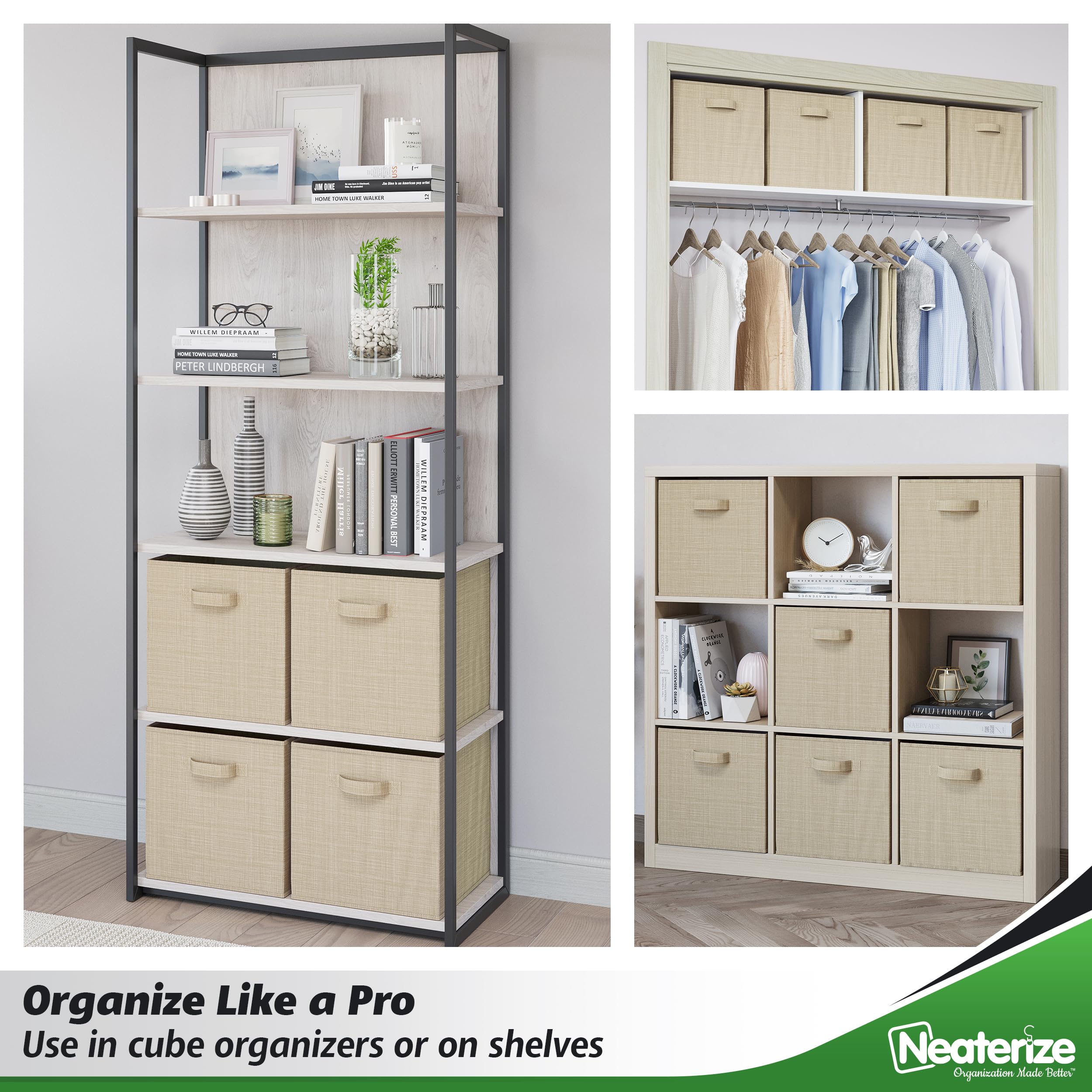 Fabric Storage Cubes For Cube Organizer - 6 Pack Heavy Duty Textured Beige Storage Bins - 13 Inch Cube Storage Bin, Use As A Clo