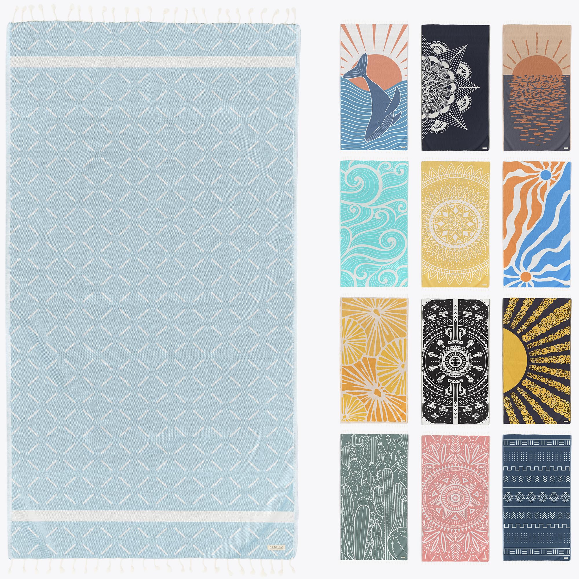 FESHKA Sand Free Turkish Beach Towel (37 x 67) Quick Dry Bath Towel All ages, Oversized Beach Blanket, Lightweight for Travel - 
