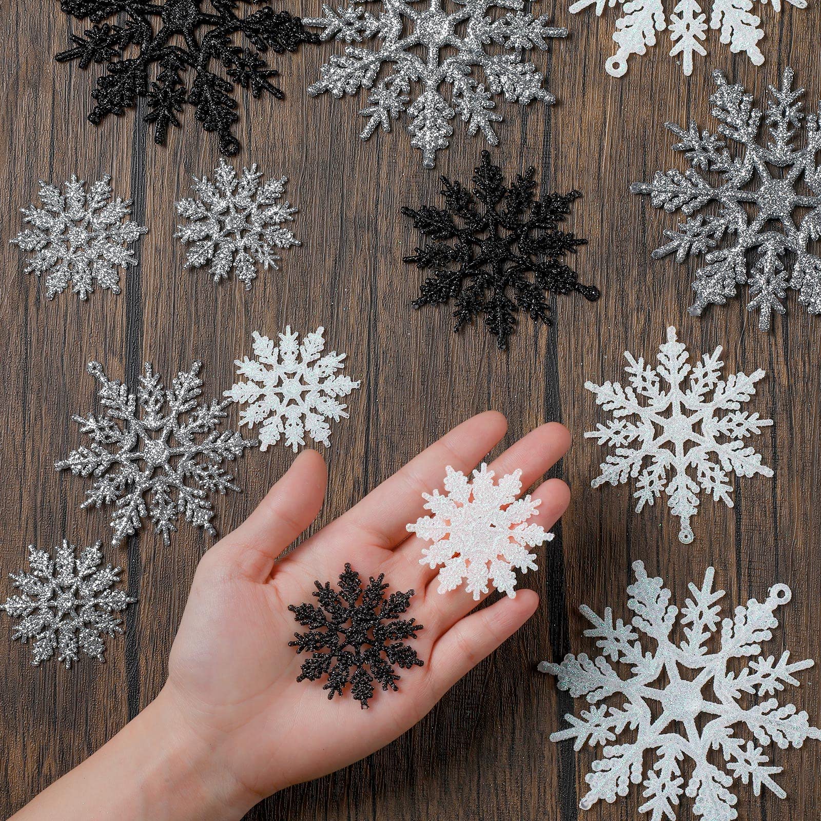 Sumind 48 Pieces Christmas Snowflake Ornaments 3 Sized 2, 3, 4 Inches Plastic Glittered Snowflakes Hanging Tree Decoration Winte