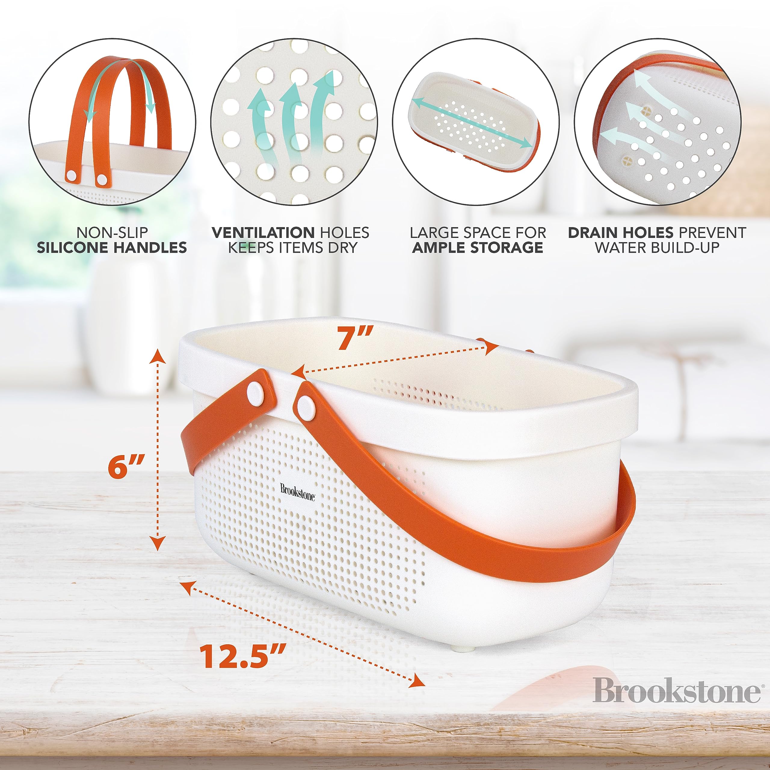 Brookstone Bkh1635, Large Portable Shower Caddy With Soft Silicone Carrying Handle, Bathroom Organizer Basket, Plastic Bath Tote