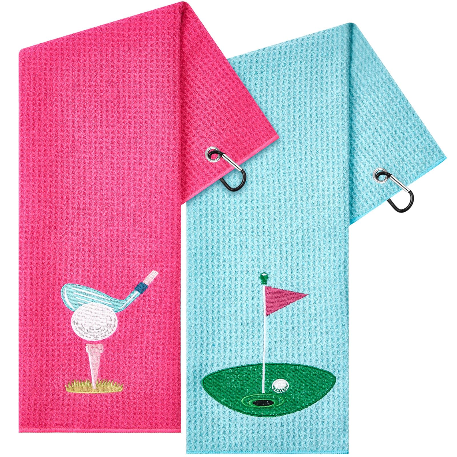 Mindsoft 2 Pieces Funny Golf Towel Microfiber Embroidered Ball Towels for Women Ball Bags with Clips Accessories Waffle Pattern 