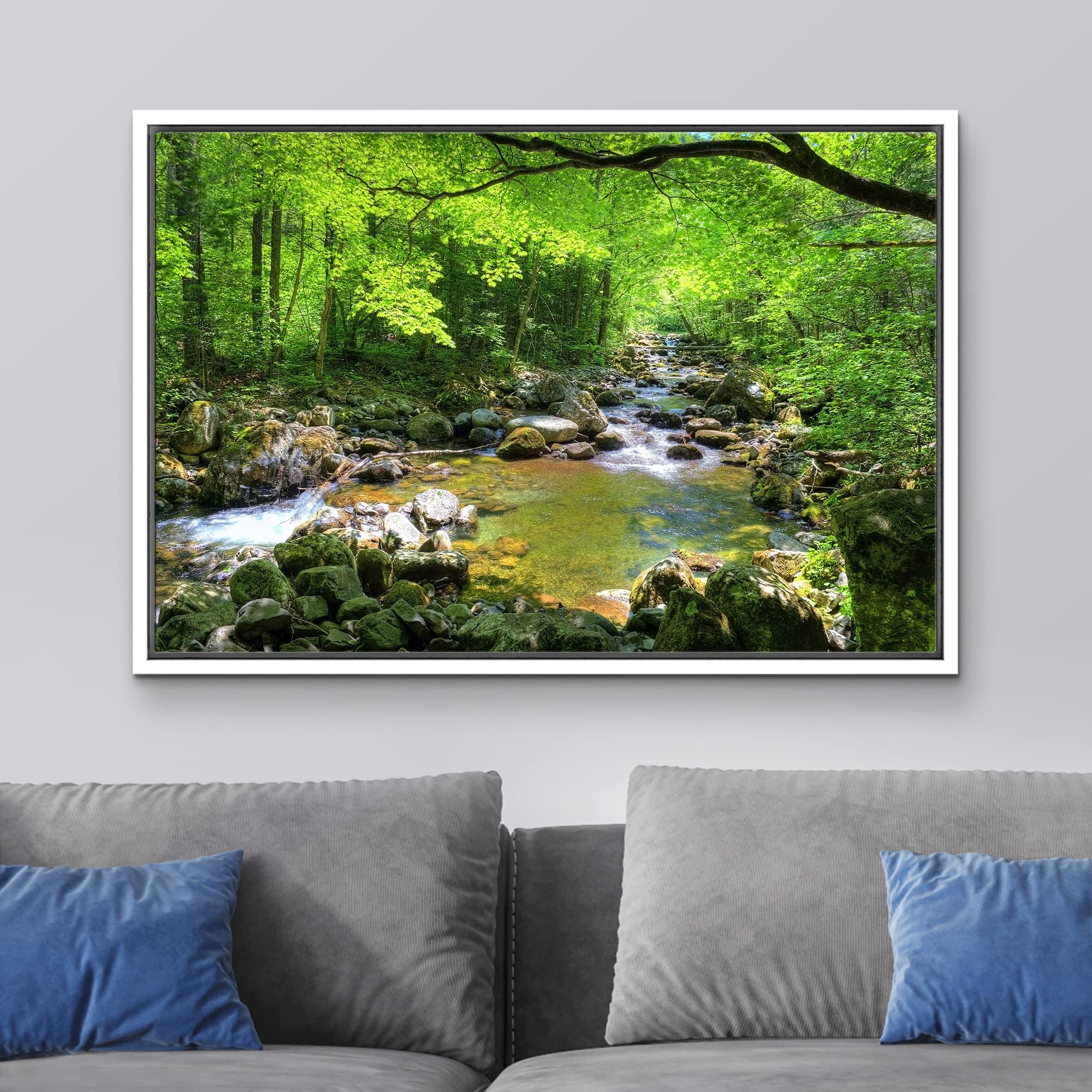wall26 Framed Canvas Print Wall Art River Through The Green Forest Nature Wilderness Photography Modern Art Rustic Scenic Colorful Multicolor for Living Room  Bedroom  Office - 16''x24'' White