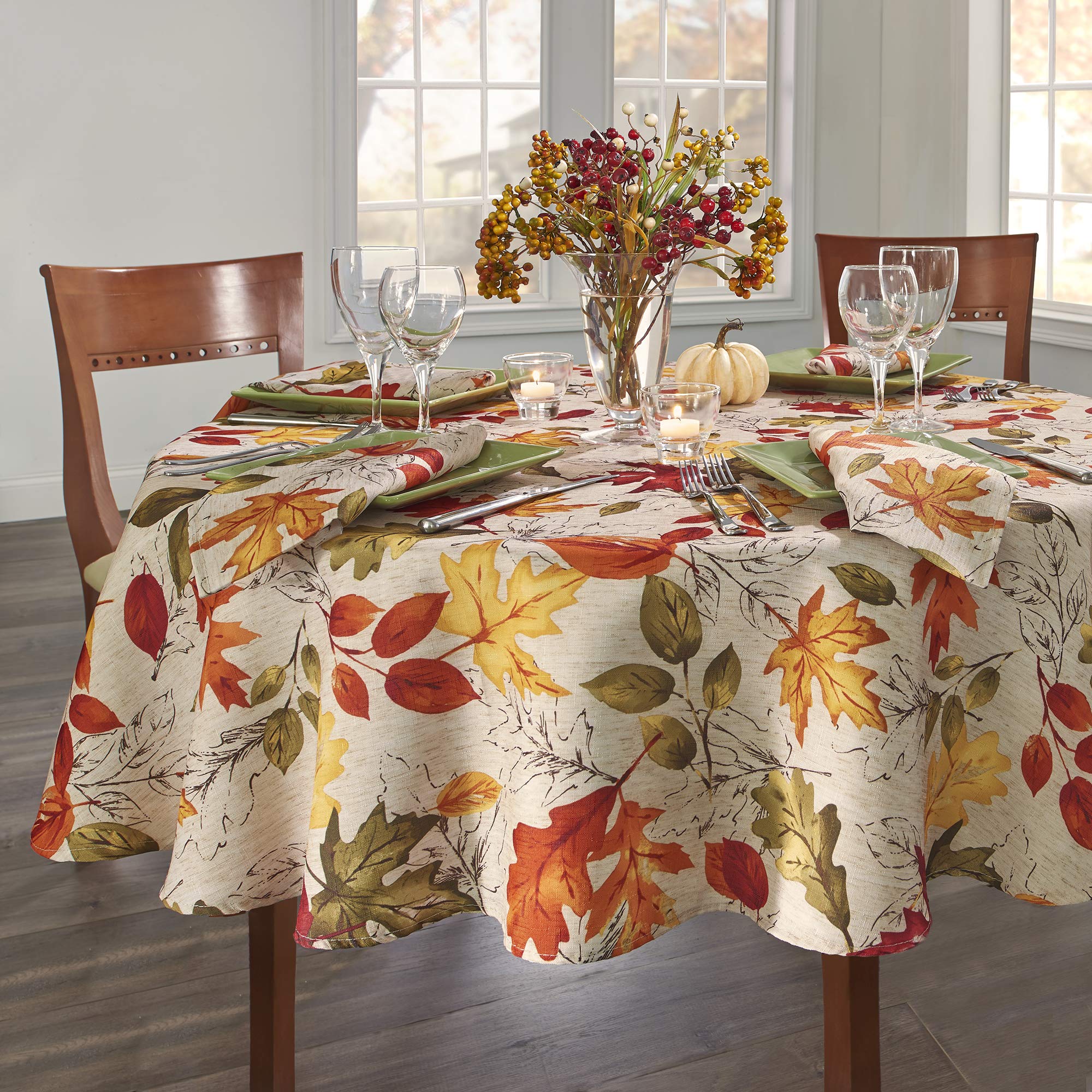 Elrene Home Fashions Autumn Leaves Fall Printed Tablecloth, Holiday Table Cover For Formal Or Everyday Use, 70'' Round