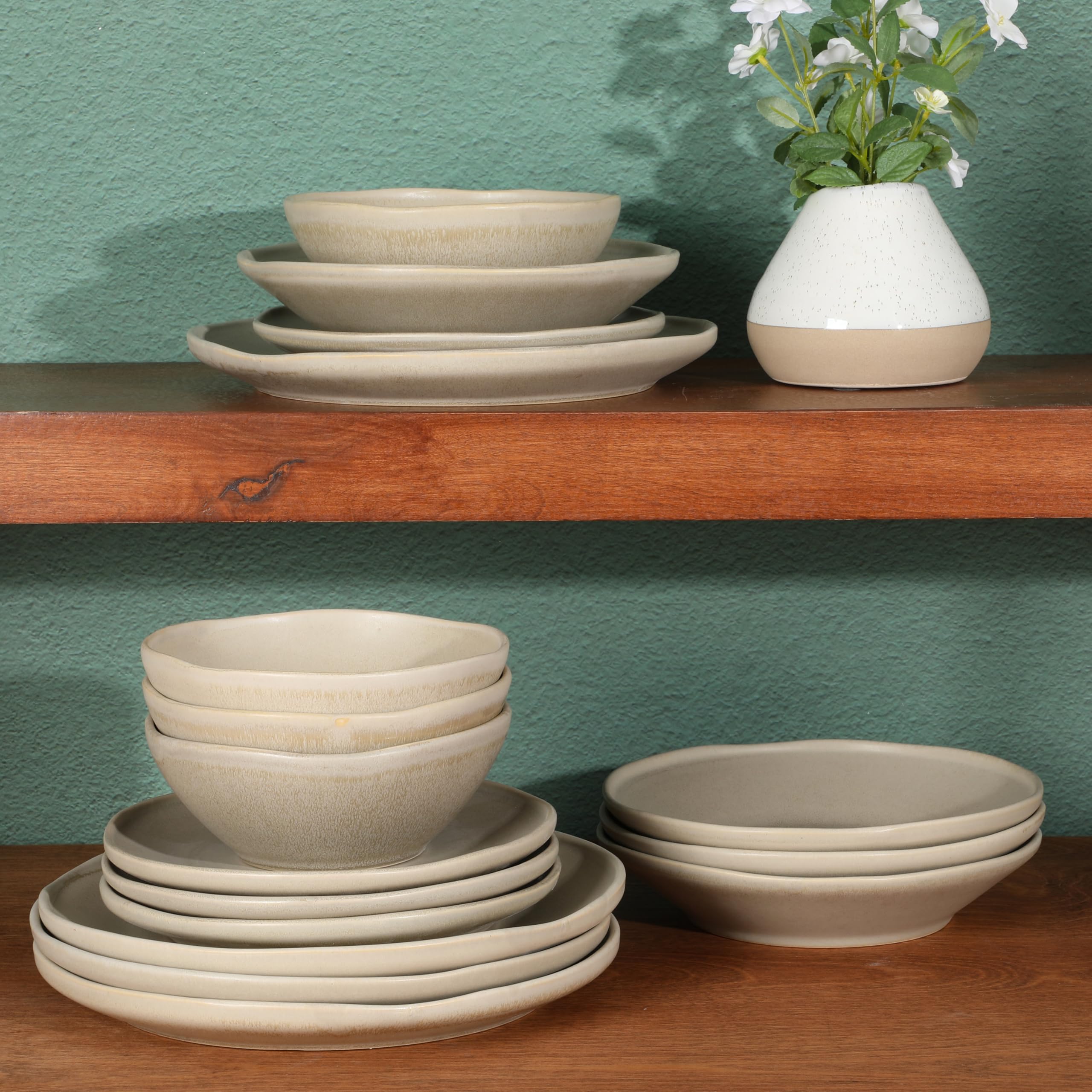 Gibson Elite Island Cove 16 Piece (Service for 4) Plates and Bowls Reactive Glaze Organic Round Dishes Stoneware Ceramic Dinnerw