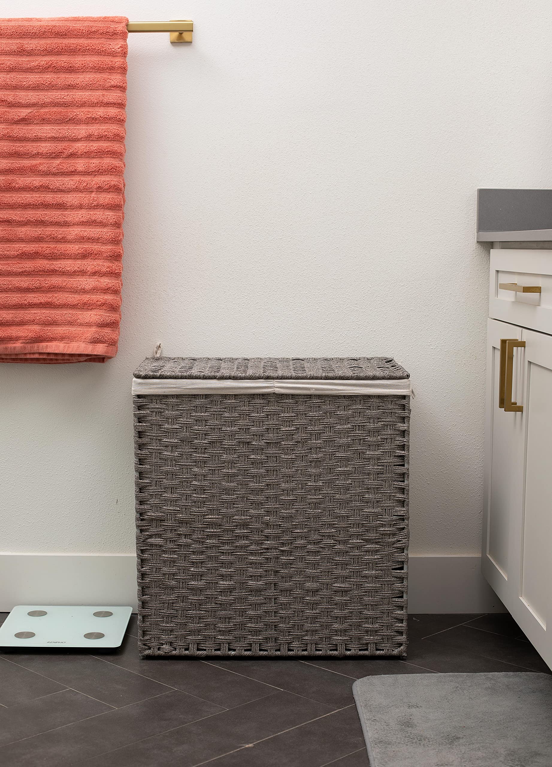 Double Laundry Hamper With Lid | Hand Woven Double Sorter With Liner Bags | Large Collapsible Hampers | Synthetic Pe Rattan Clot