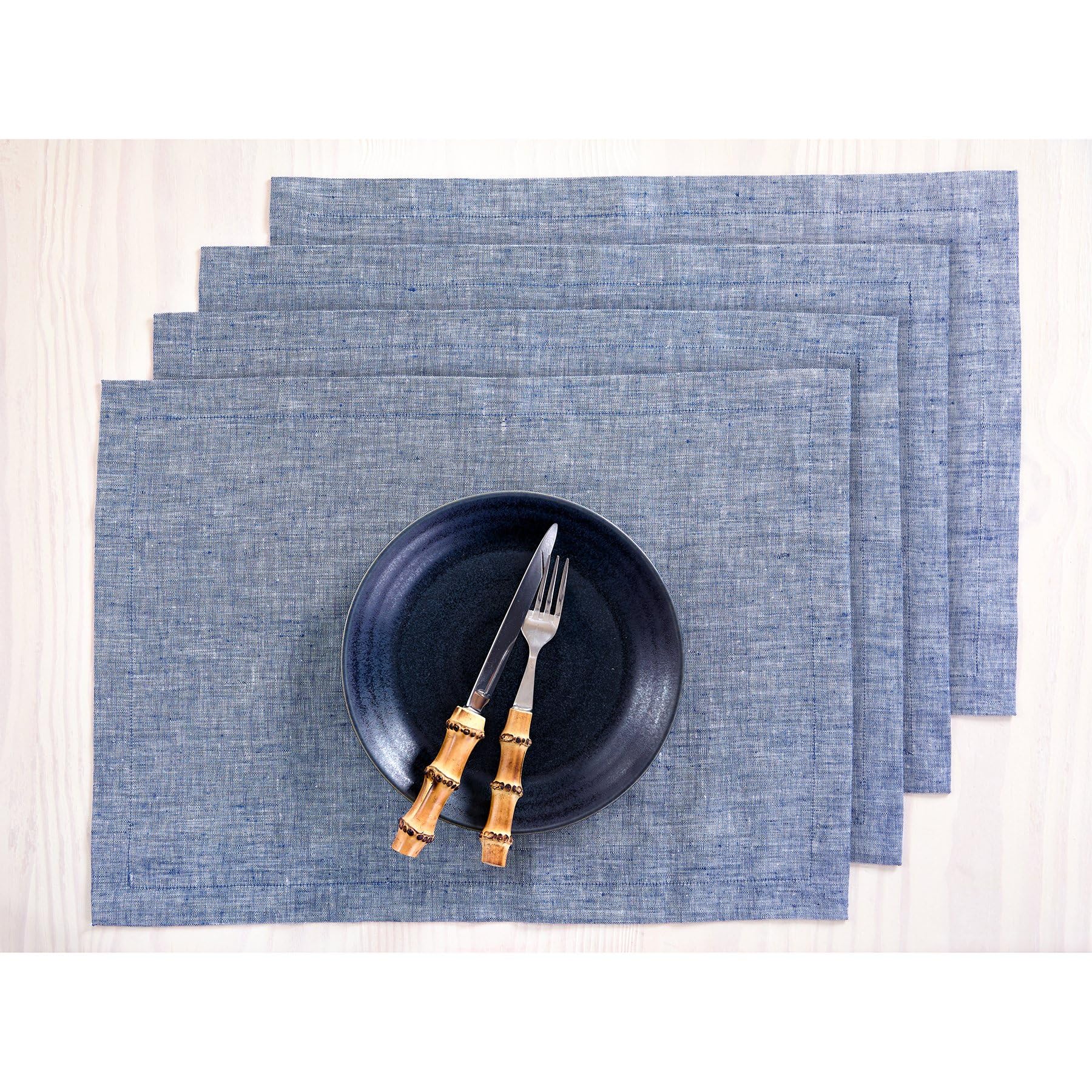 Solino Home Linen Placemats 19'' L X 14'' W Inch - 100% Pure Linen Chambray Indigo Cloth Placemats Set Of 4 - Athena, Washable F