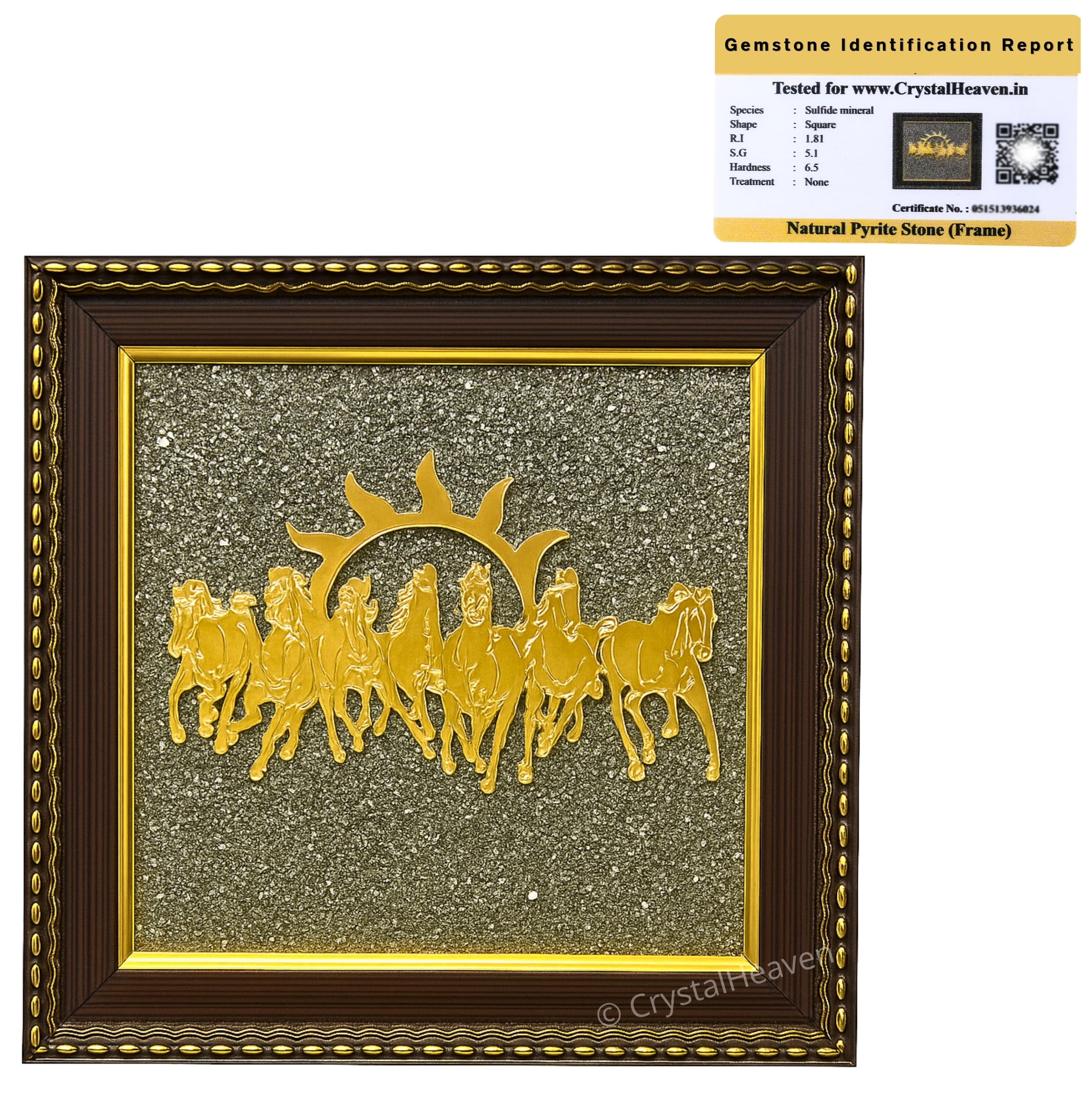 Crystal Heaven Pyrite Stone Frame With Vastu Seven Running Horses With Sun To Attract Money, Protection And Chakra Healing - Big