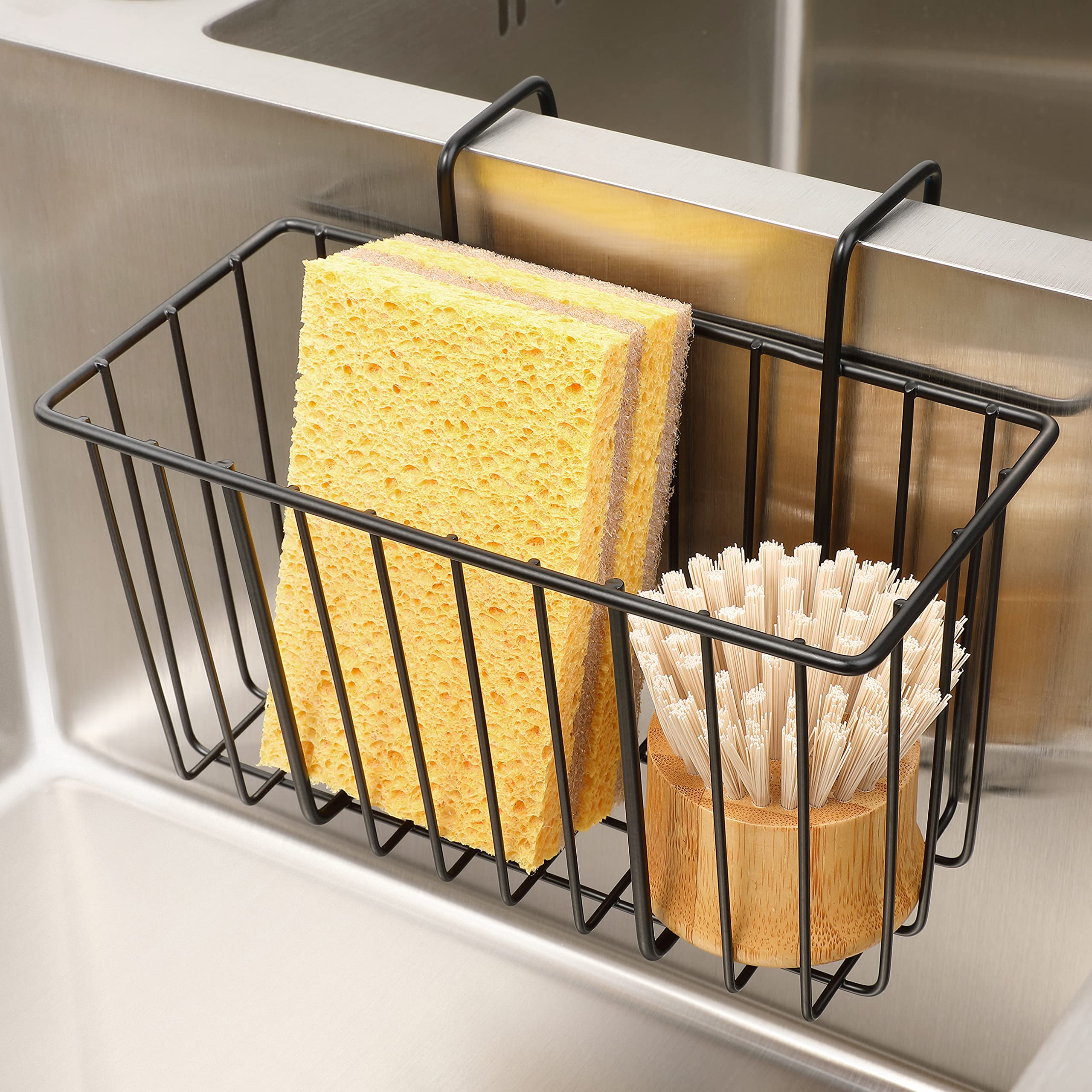 Damita Kitchen Sponge Holder For Sink Kitchen Sink Basket Sink Caddy Brush Dishwashing Liquid Drainer Rack Black, Medium (7.5''X