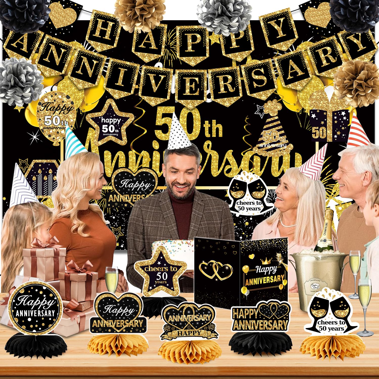 Happy 50Th Anniversary Decorations,22Pcs Happy 50Th Anniversary Party Supplies,Including Happy 50Th Anniversary Banner Backdrop,