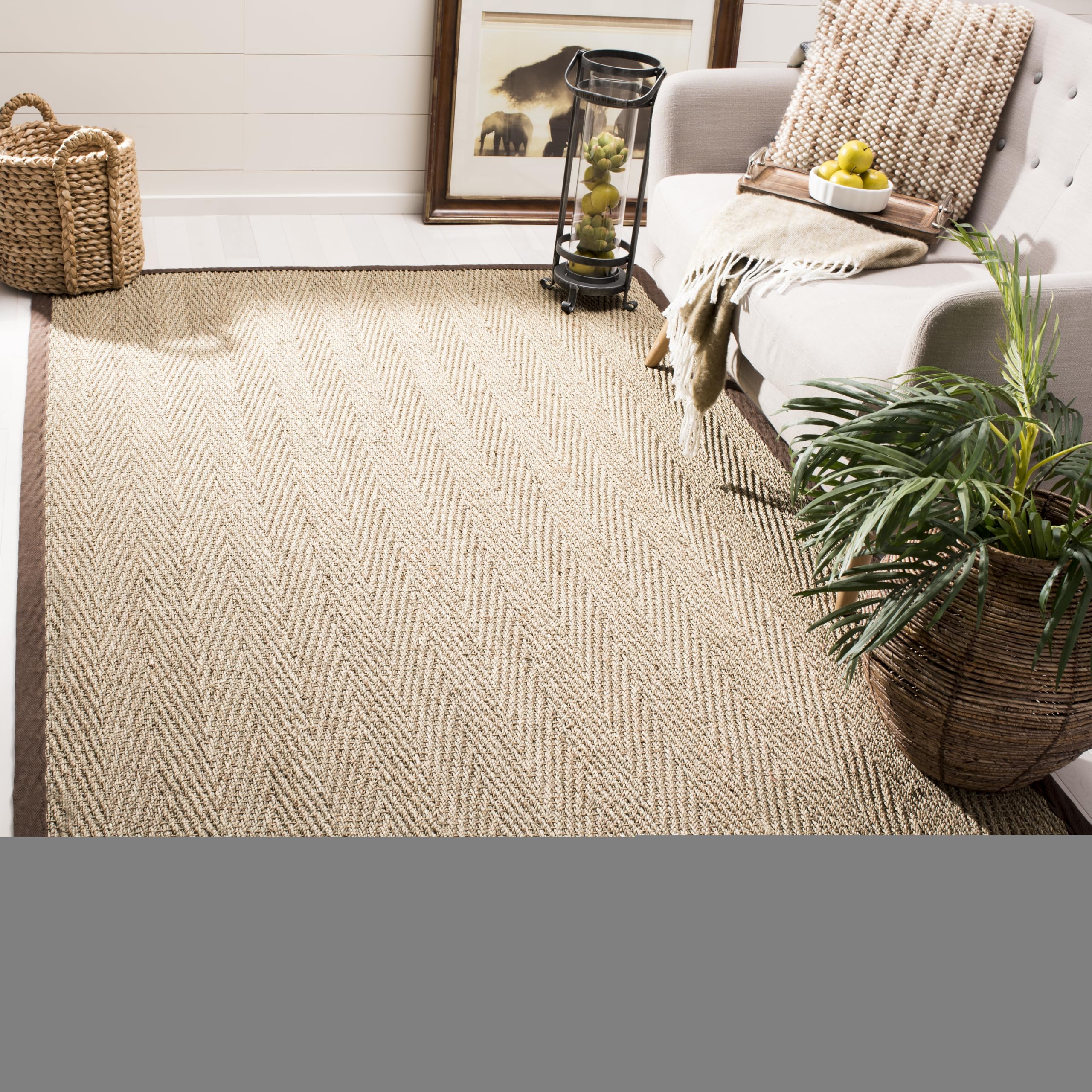 SAFAVIEH Natural Fiber Collection Area Rug - 6 x 9, Natural & Dark Brown, Border Herringbone Seagrass Design, Easy Care, Ideal