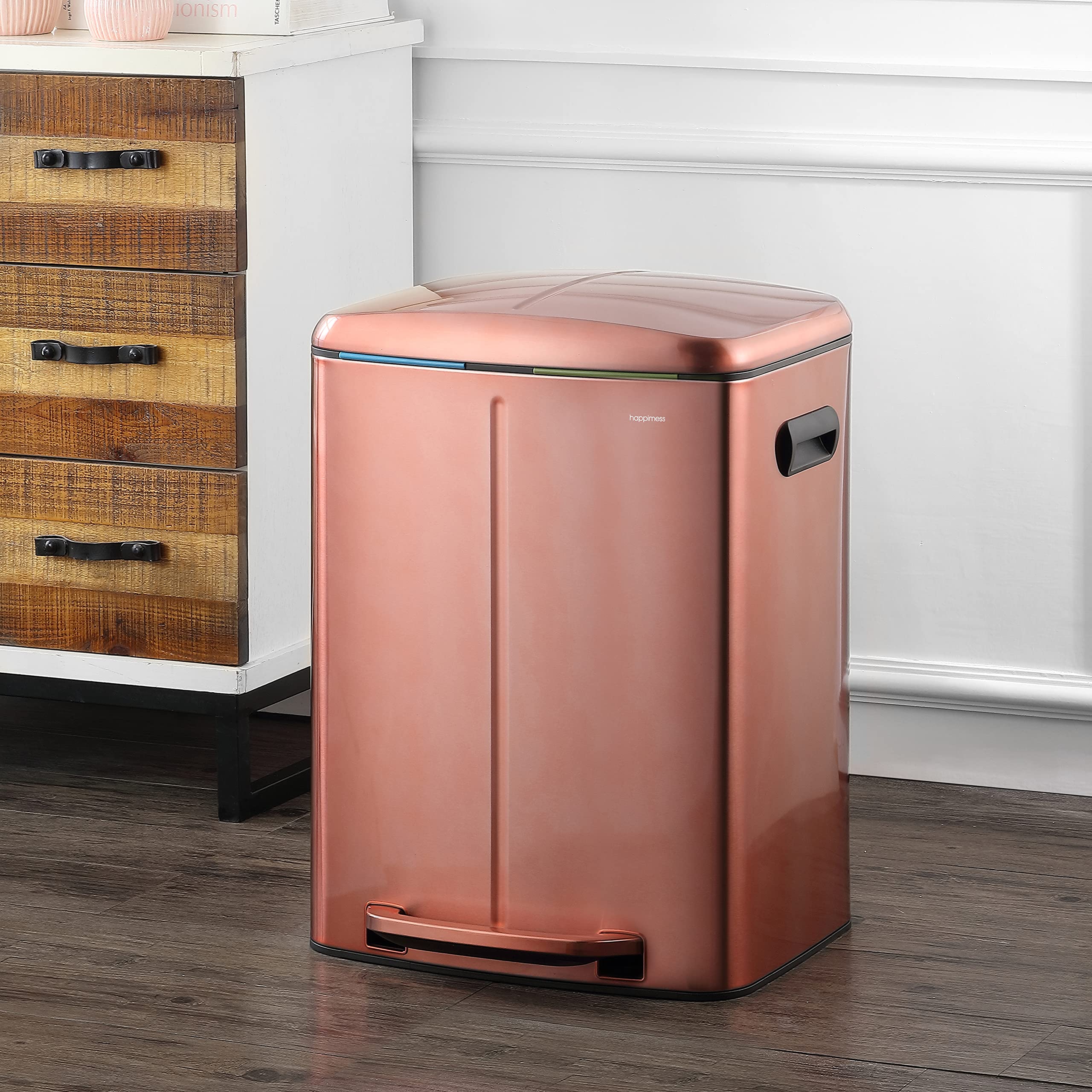 Happimess Hpm1005D Marco Rectangular 10.5-Gallon Double Bucket Trash Can With Soft-Close Lid, Modern, Minimalistic, Fingerprint