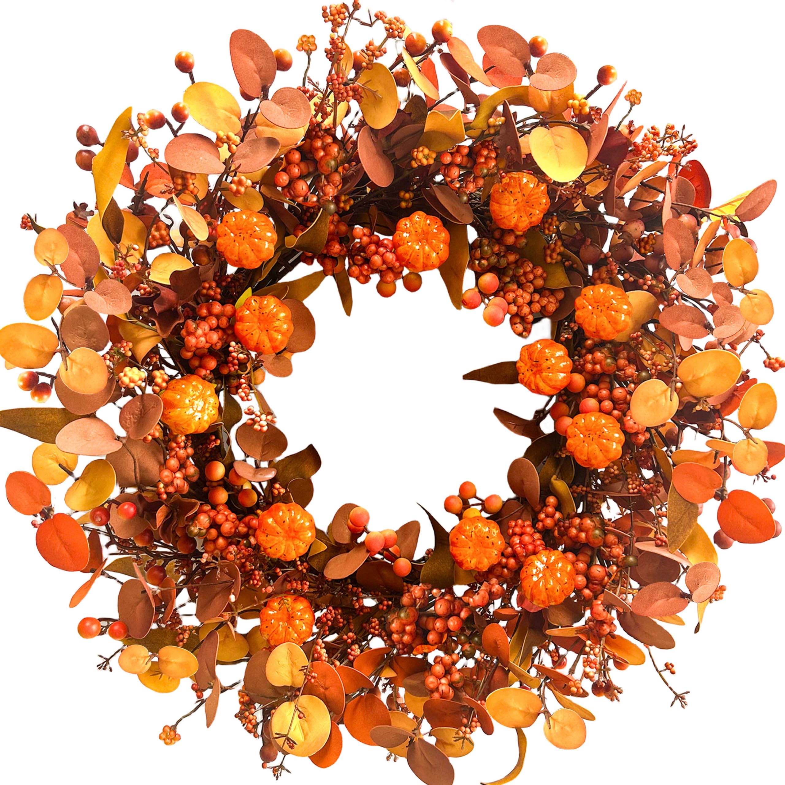 MAINGKAUNG Fall Wreath 22 Inch Fall Wreaths for Front Door Autumn Pumpkin Wreaths with Orange Eucalyptus Leaves and Berries for 
