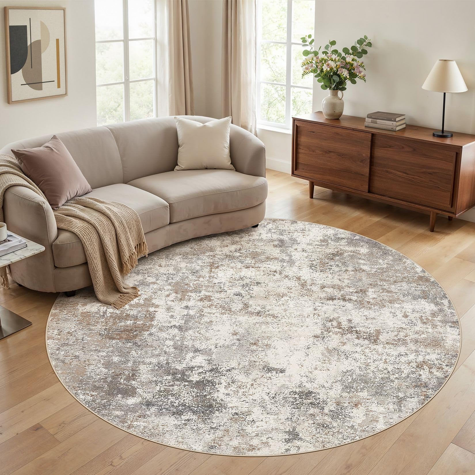 UERMEI 8ft Round Area Rug Living Room Rugs - 8x8 Washable Neutral Modern Abstract Soft Thin Rug Indoor Floor No Slip Rug Carpet 