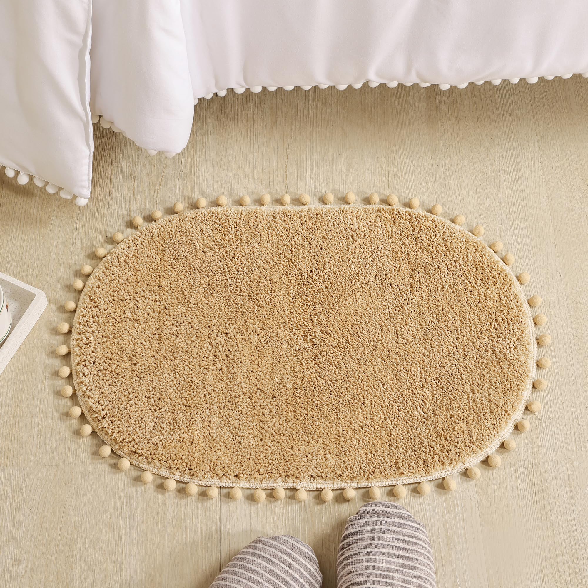 Yirddeo Bath Mat Khaki Oval Rug With Pom Bathroom Rugs For Bedroom Non Slip Cute Boho Absorbent Mats Soft Plush Washable Rug (20