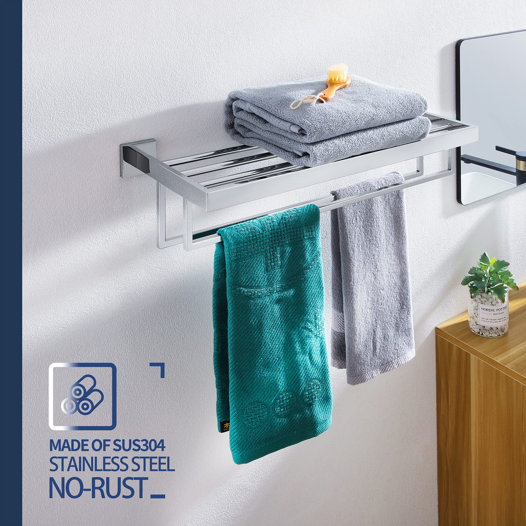 KOKOSIRI 24'' Bathroom Towel Shelf Chrome Towel Rack with Two Bath Towel Bars SUS304 Stainless Steel Wall Mounted  Polished Finish  B6003CH