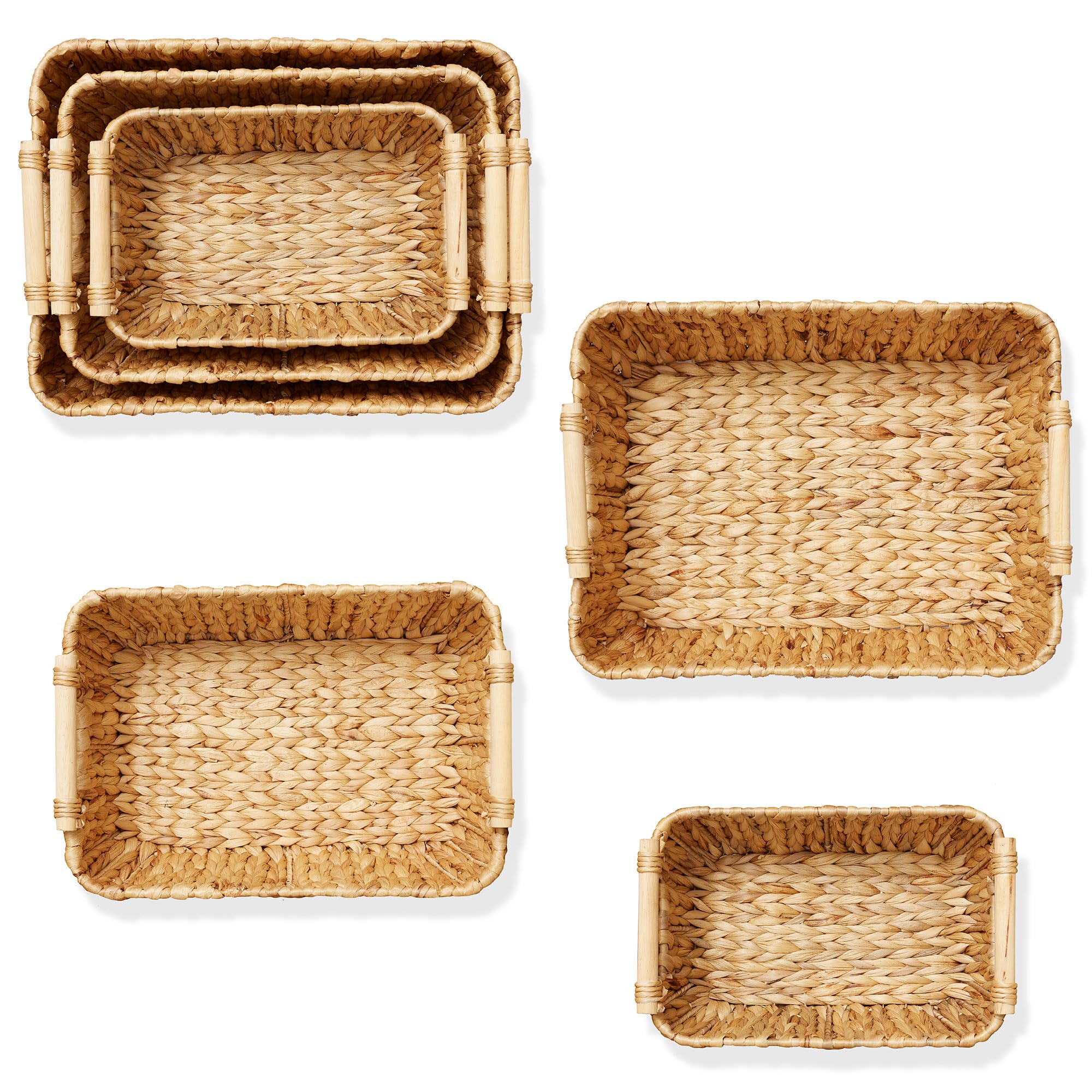 Casafield Set Of 3 Water Hyacinth Oval Storage Baskets With Wooden Handles - Small, Medium, Large - Woven Nesting Basket Organiz