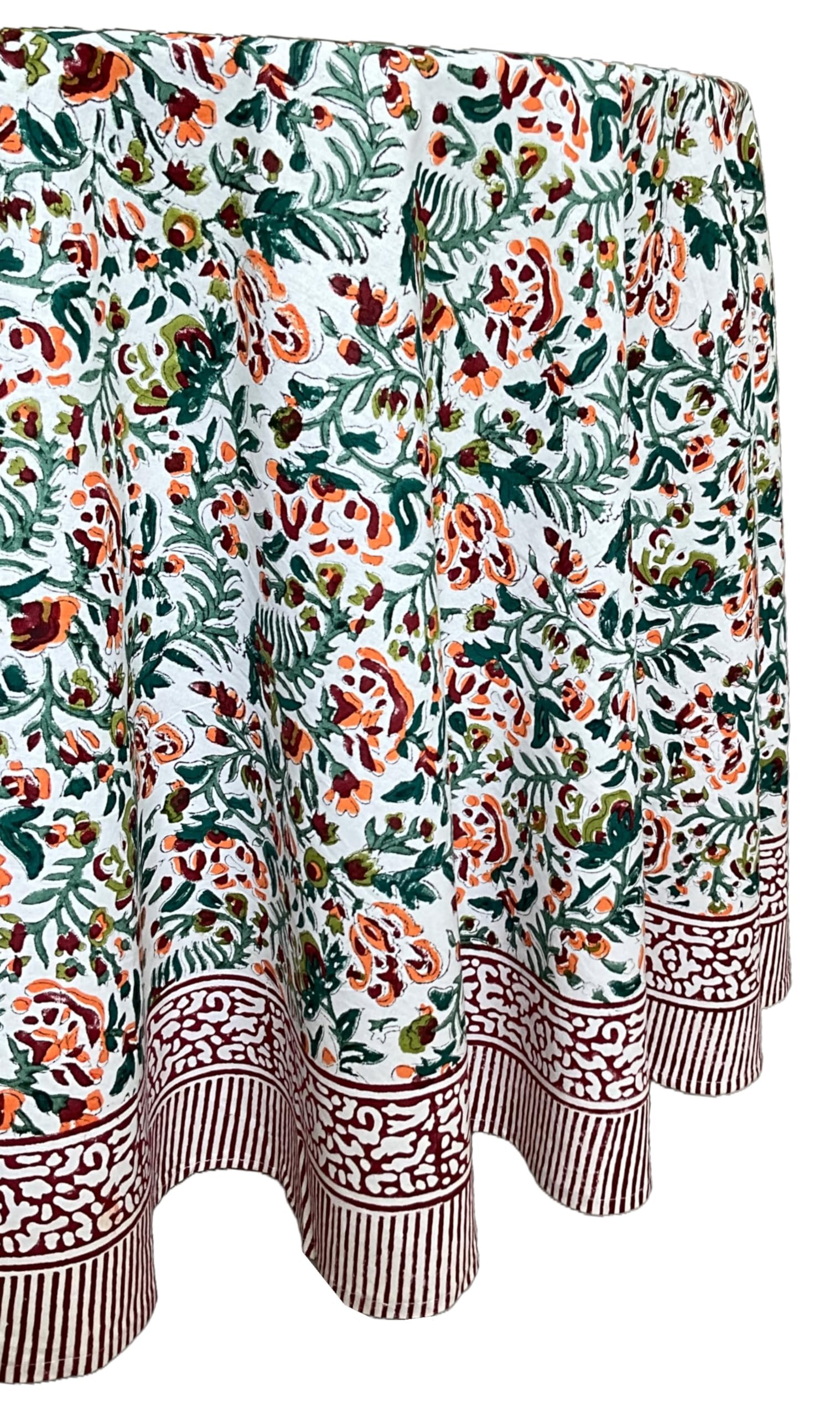 ATOSII Ambrosia Green 100% Cotton Round Tablecloth, Handblock Print Floral Table Cloth for Kitchen Dining Linen I Weddings, Outd