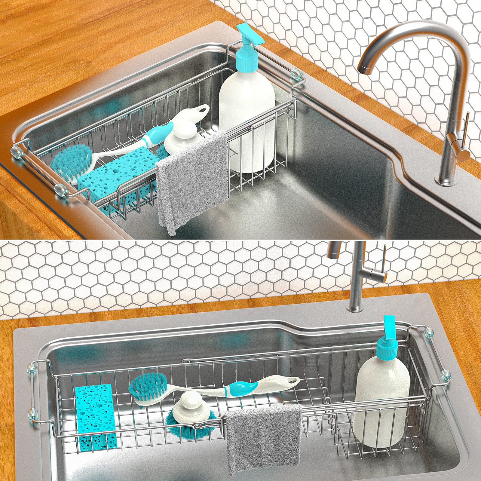 Favothings Over The Kitchen Sink Caddy Sponge Holder Organizer Drying Rack Expandable For Sponge Brush Soap Dish Cloth Rag 14.5'