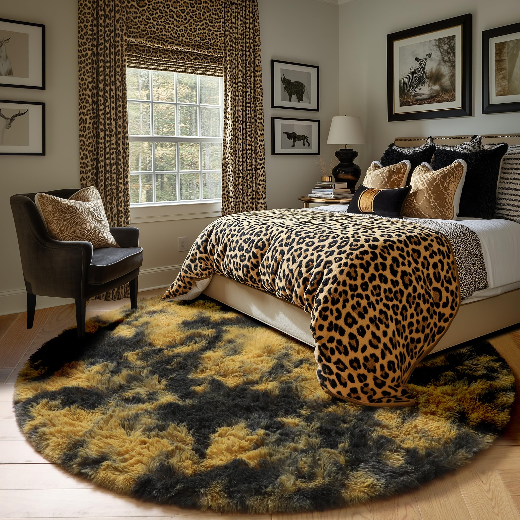 Amdrebio Black Gold Yellow Grey Round Circle Rugs 5Ft for Bedroom Living Room Decor, Fluffy Furry Area Rug for Kids Room Dorm Ho