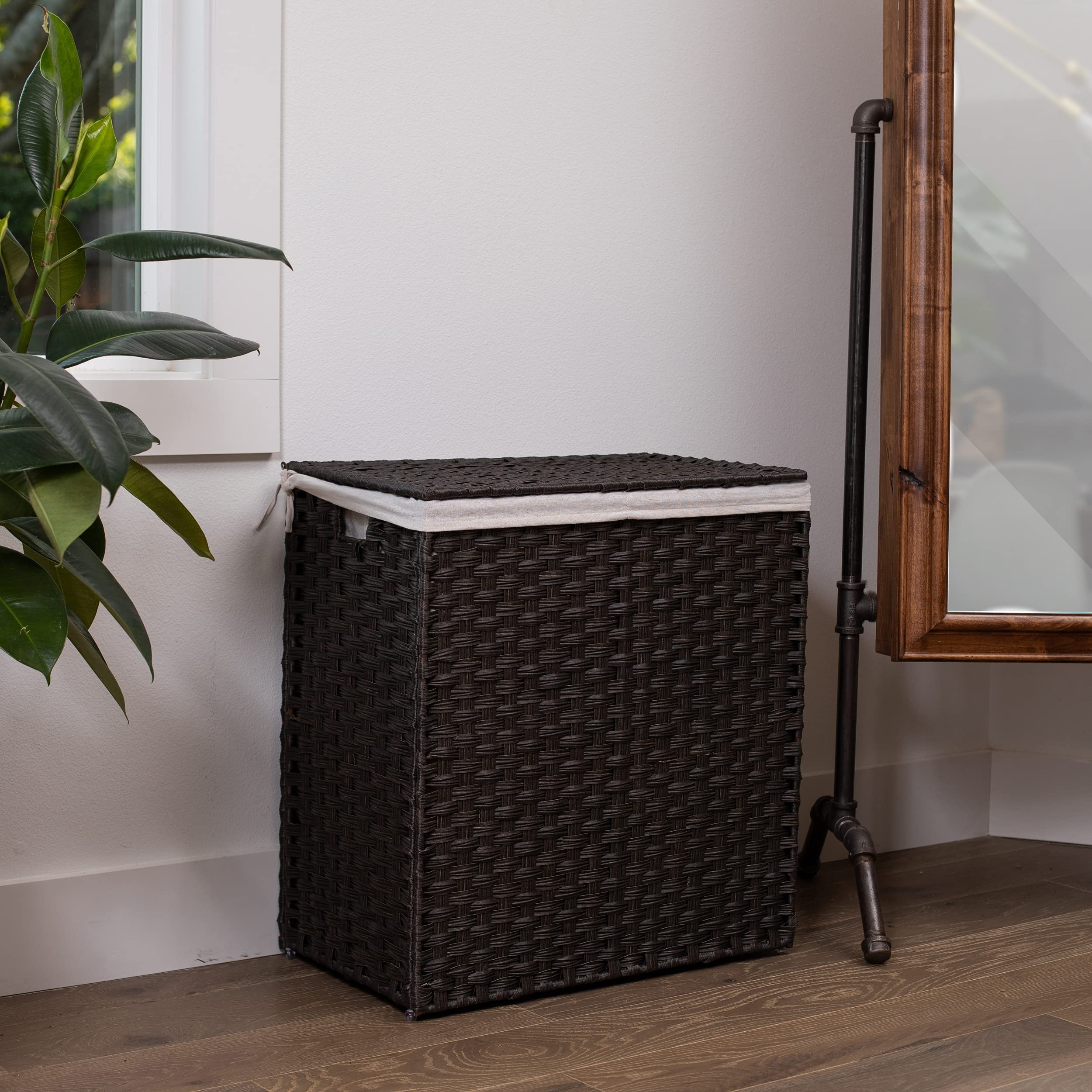 Hand Woven Divided Laundry Hamper With Lid | Double Sorter With Liner Bags | Large Collapsible Hampers | Foldable Bin | Syntheti