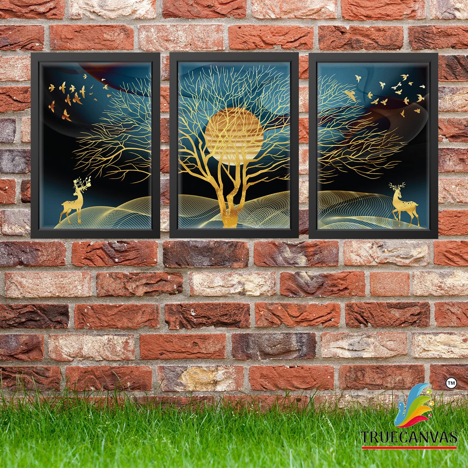 TRUECANVAS Abstract Painting Set of 3 Wall Hanging Canvas Print Framed for Home, Living Room Gallery & Office, Black, Size - 13.