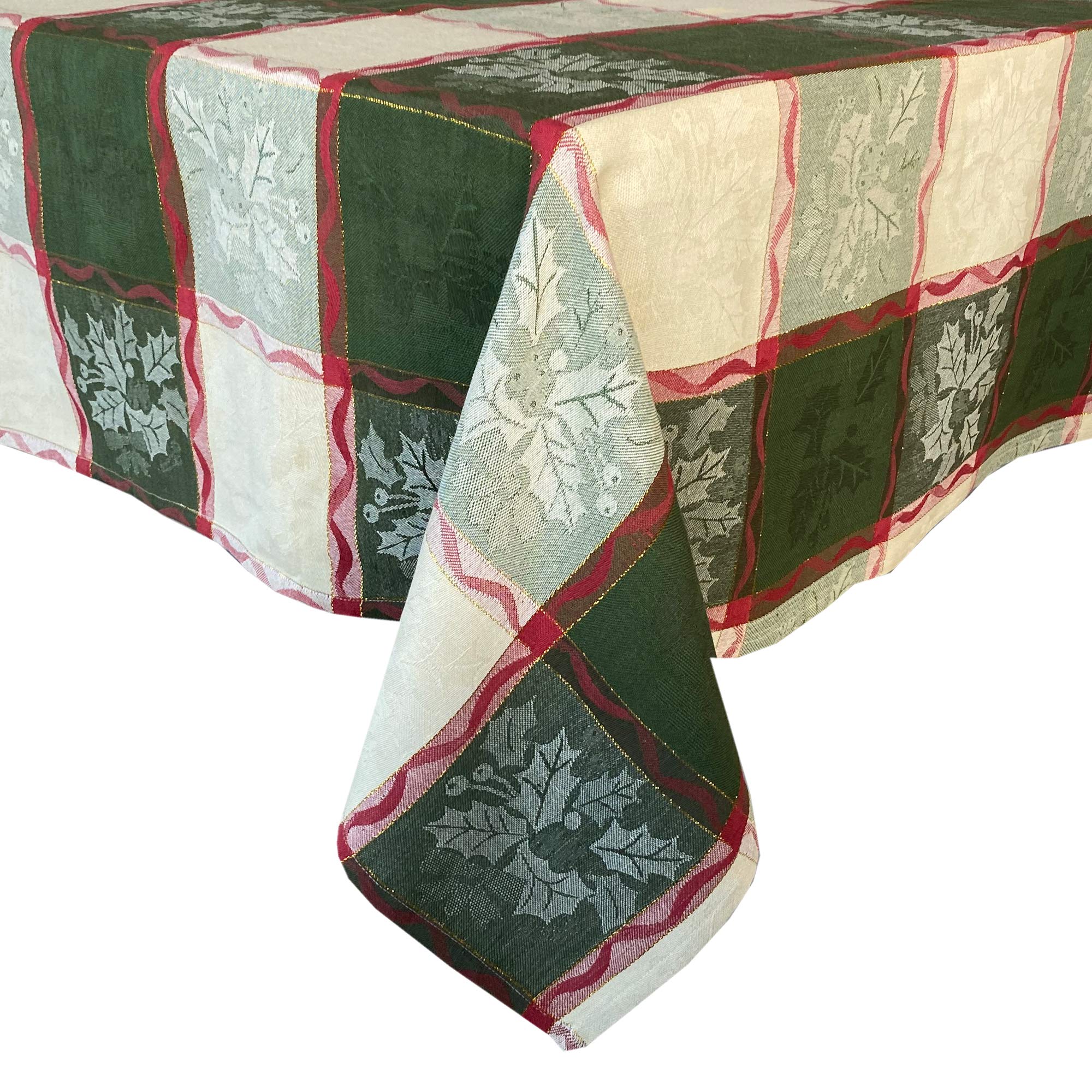 Lintex Golden Mistletoe And Ribbon Cotton Jacquard Christmas Fabric Tablecloth, Evergreen, Red Ribbon And Berry Woven Holiday An