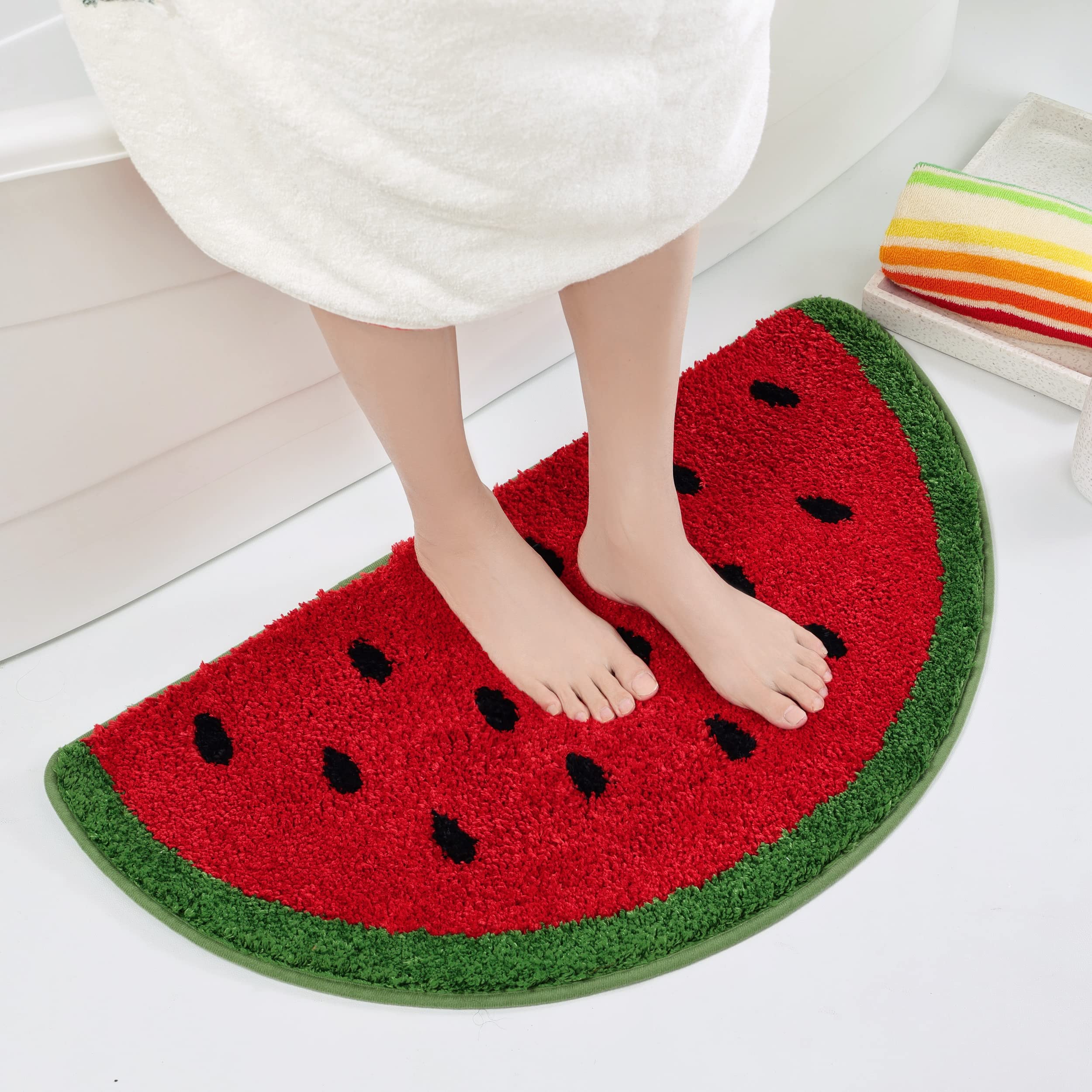 Frozzur Watermelon Cute Bath Mat For Bathroom, Summer Welcome Mat Non Slip Fruit Shaped Washable Bathtub Rug Bathroom Tub Waterm