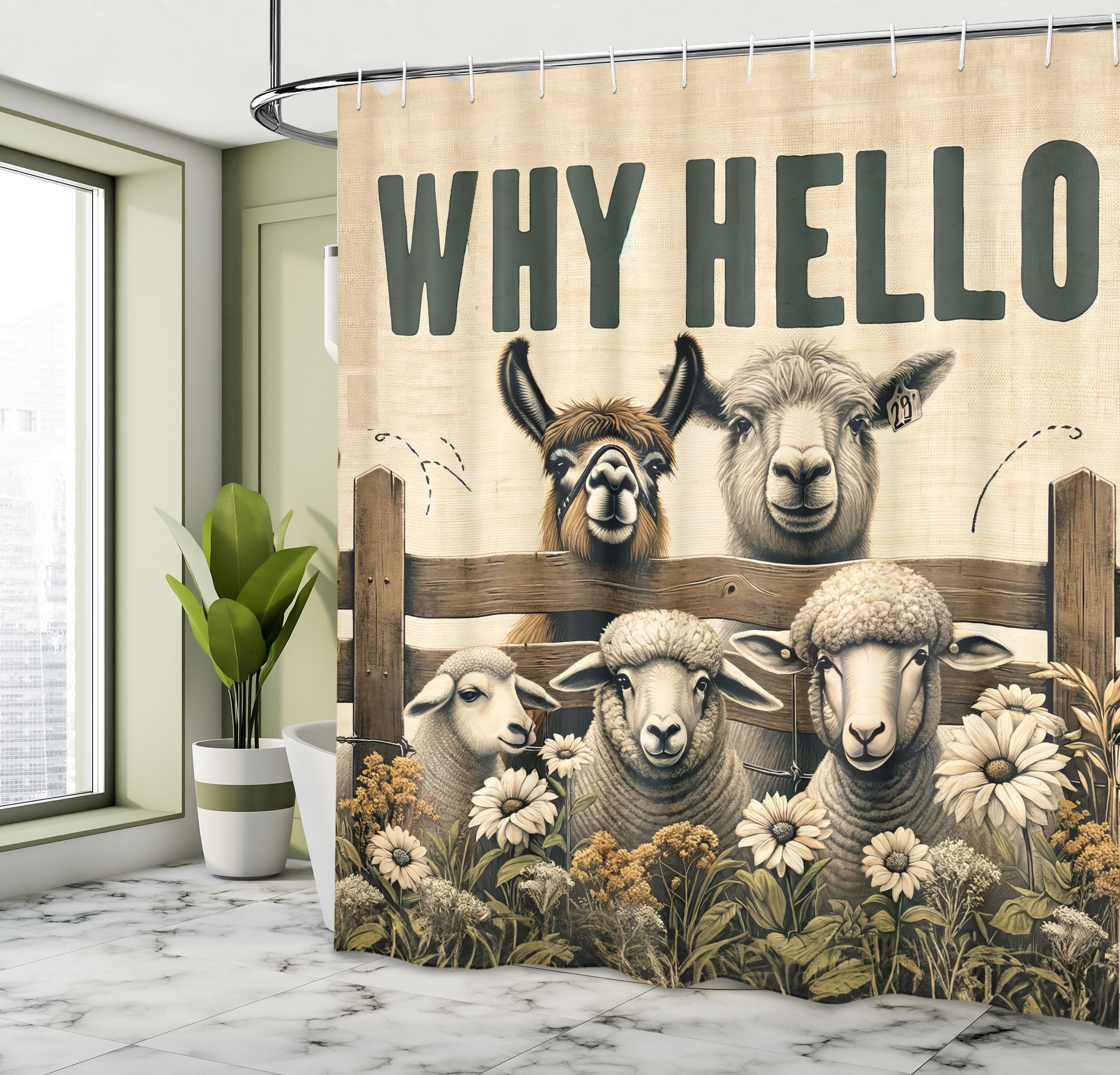 Ambesonne Farmhouse Shower Curtain, Why Hello Lettering With Alpaca Cow And Sheep In Meadow Flowers, Cloth Fabric Bathroom Decor