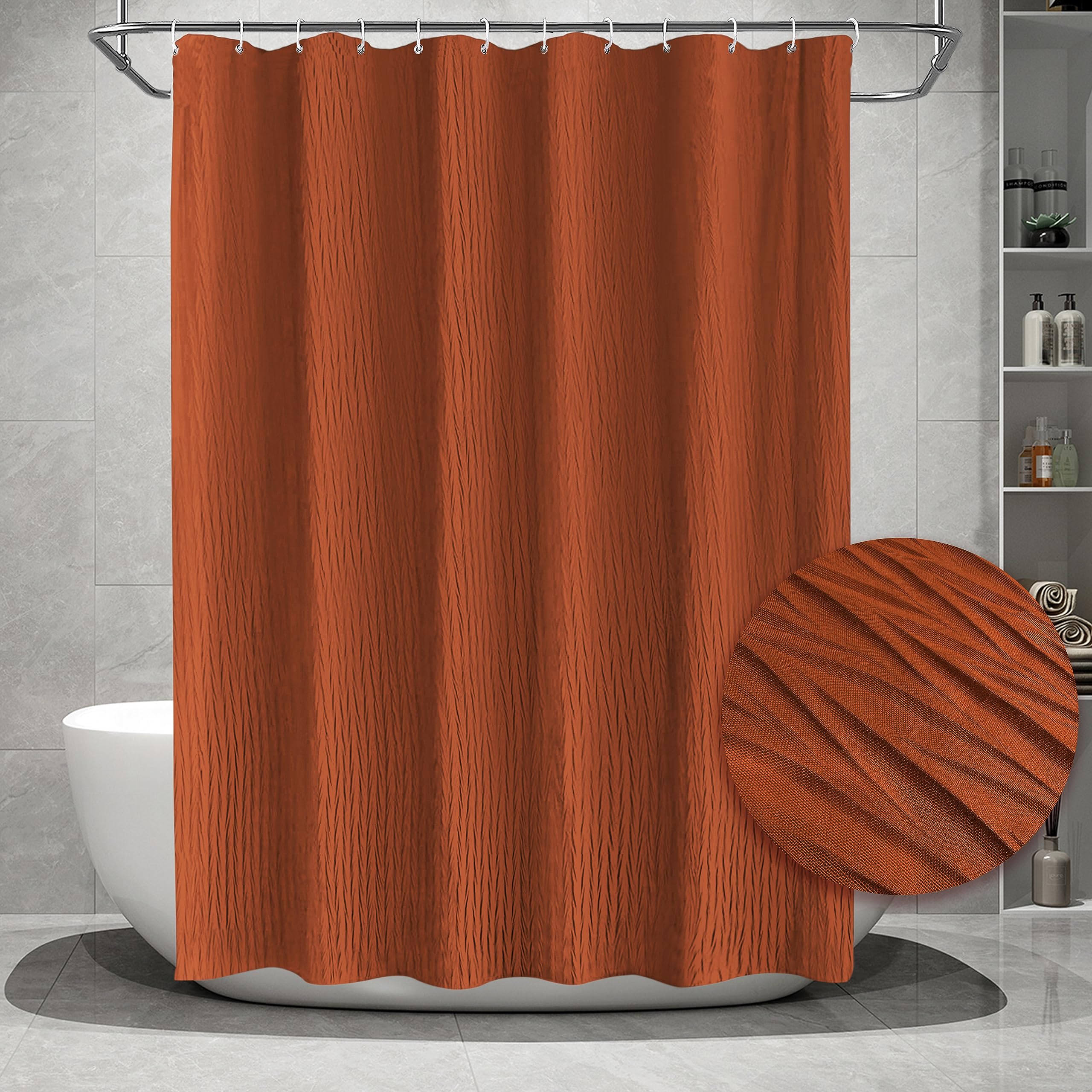 Tititex Vibrant Orange Burnt Ochre Crumpled Shower Curtain, Textured Heavy Duty 156Gsm Fabric, Hotel Luxury Bathroom Decorative