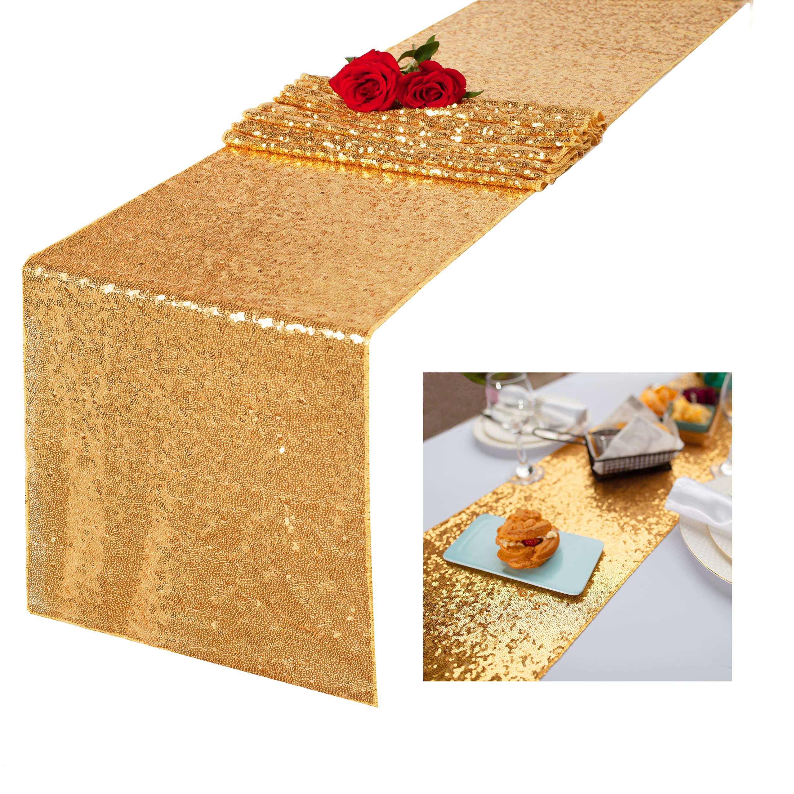Charoama Sequin Table Runner Glitter Gold 12X72 Inch Gold Table Runner For Party Wedding Bridal Baby Shower Birthday Event Suppl