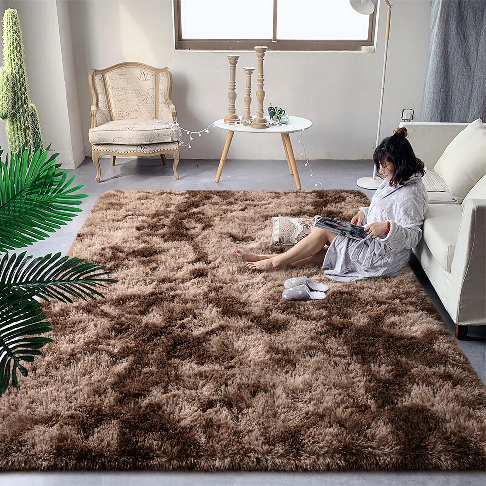 DweIke Extra Large Fluffy Area Rug, 5x8 ft Modern Indoor Carpets for Living Room Bedroom, Plush High Pile Tie-Dyed Brown Rug for
