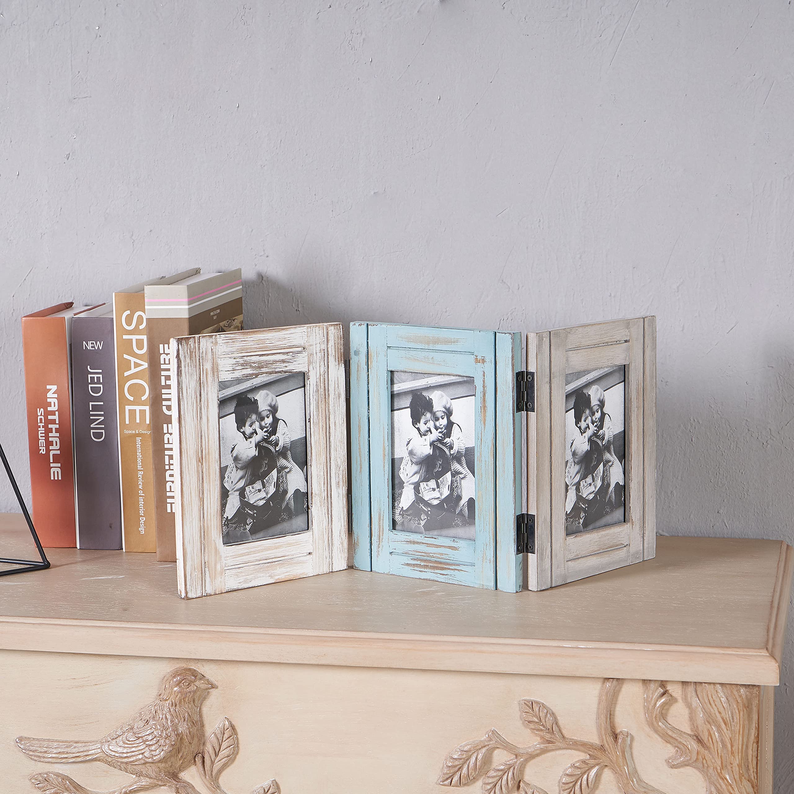 RiteSune Rustic Picture Frame 3 Folding 5X7 Triple Hinged Photo Frame Collage for Home Office Desk, Present for Christmas, New Y