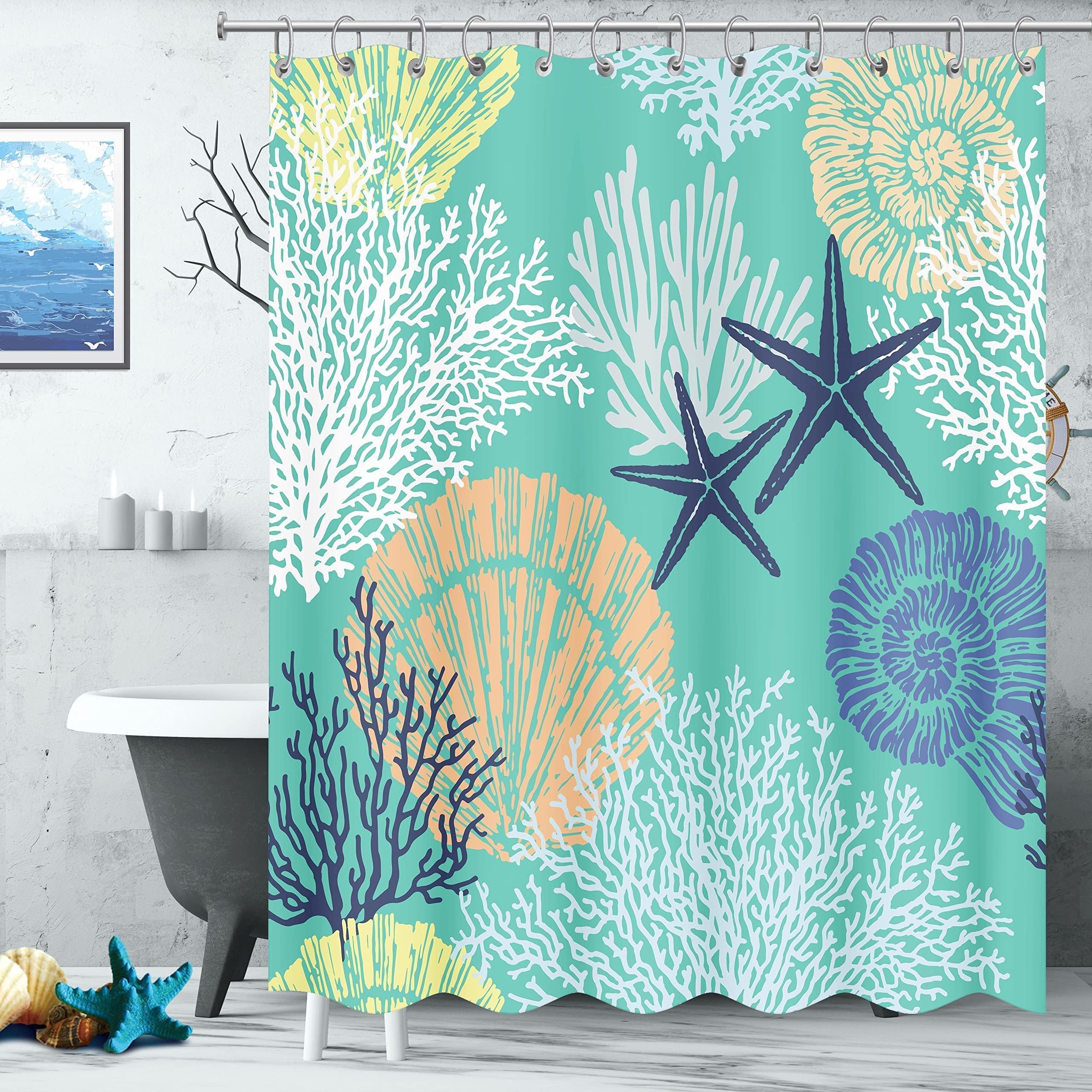 Tritard Extra Long Nautical Coastal Shower Curtain Starfish Seashell Coral Beach Themed Bath Curtain Waterproof Fabric Ocean Sho