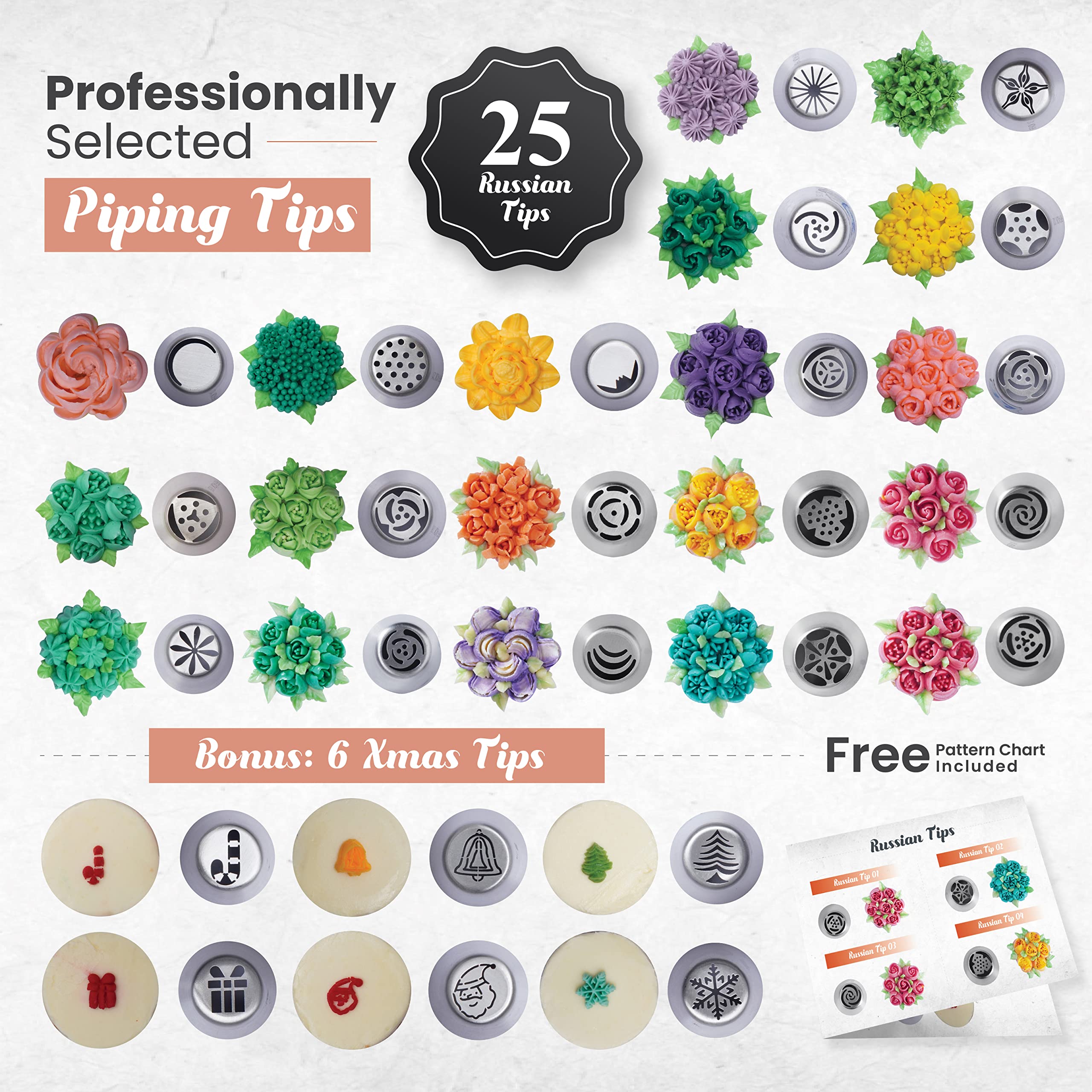 90PCs Russian Piping Tips Complete Set - Christmas Cake Piping Bags and Tips Set  Cookie  Cupcake & Cake Decorating Kit Baking Supplies-Cake Frosting Tools 25 Russian Tips 23 Icing Tips 31 Pastry Bags