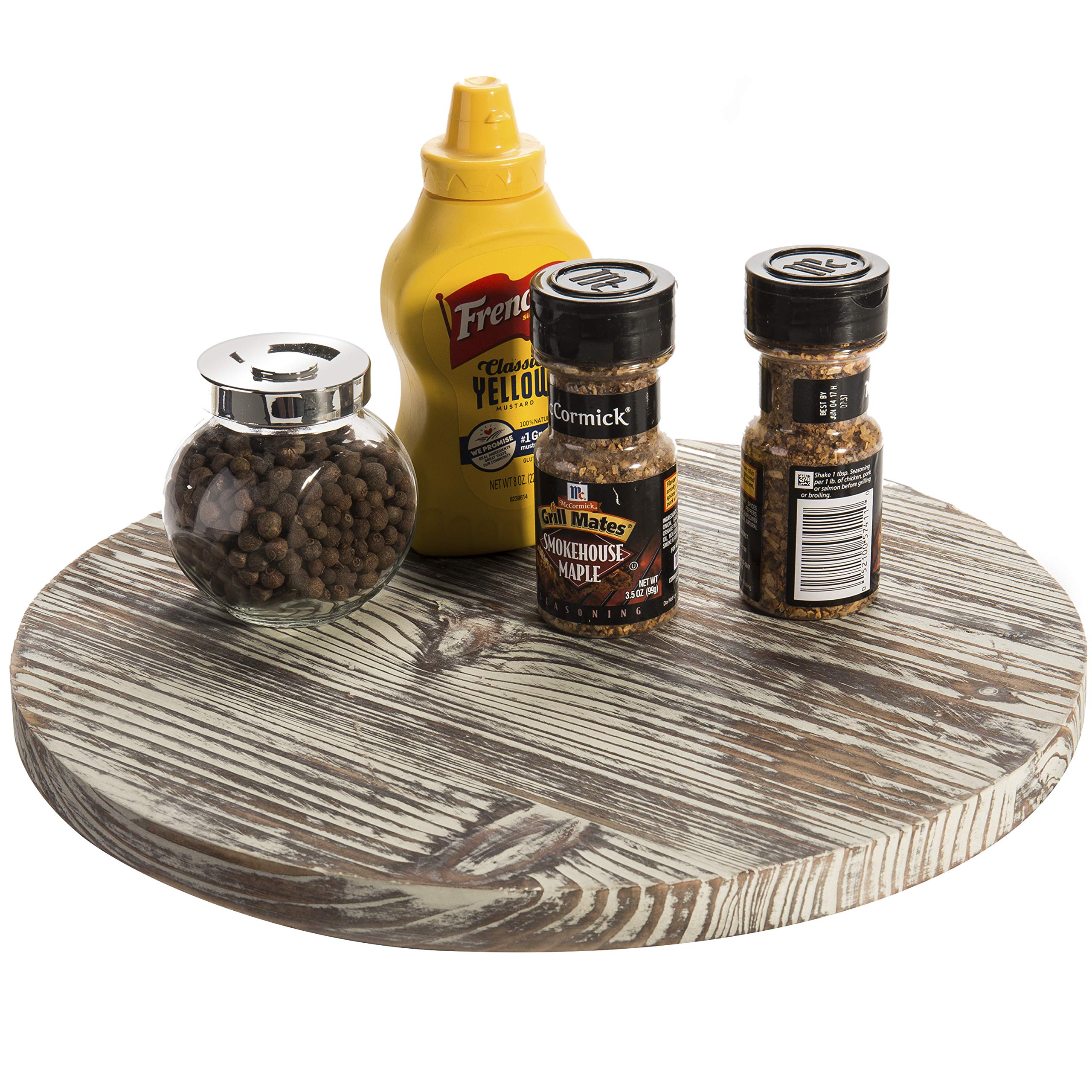 Mygift 13 Inch Round Rustic Torched Wood Lazy Susan Condiment Serving Tray, 360 Degree Rotating Spice Rack Organizer, Decorative