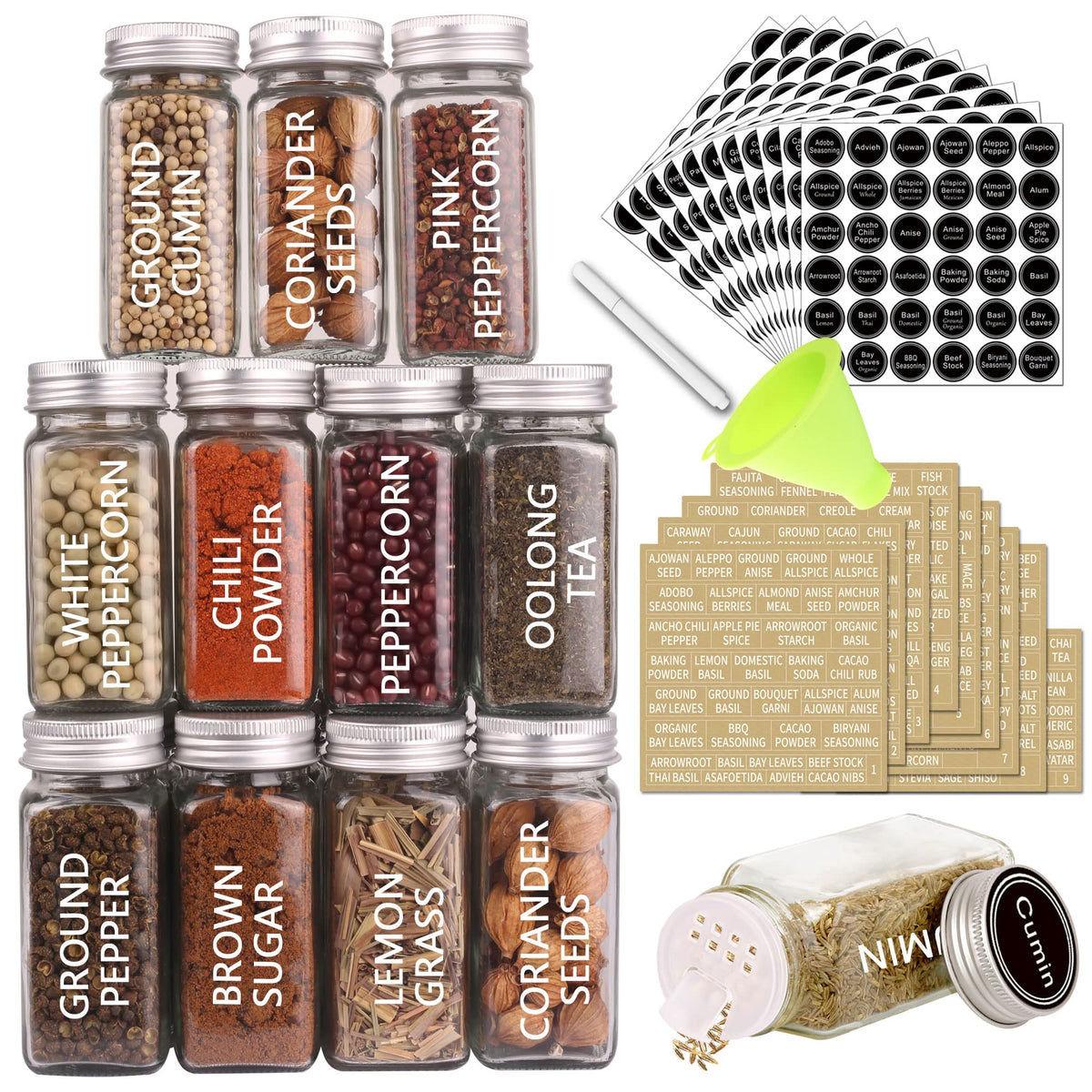 Swommoly 36 Glass Spice Jars With 703 Spice Labels, Empty Square Spice Bottles 4 Oz With Pour/Sift Shaker Lid, Airtight Cap, Cha