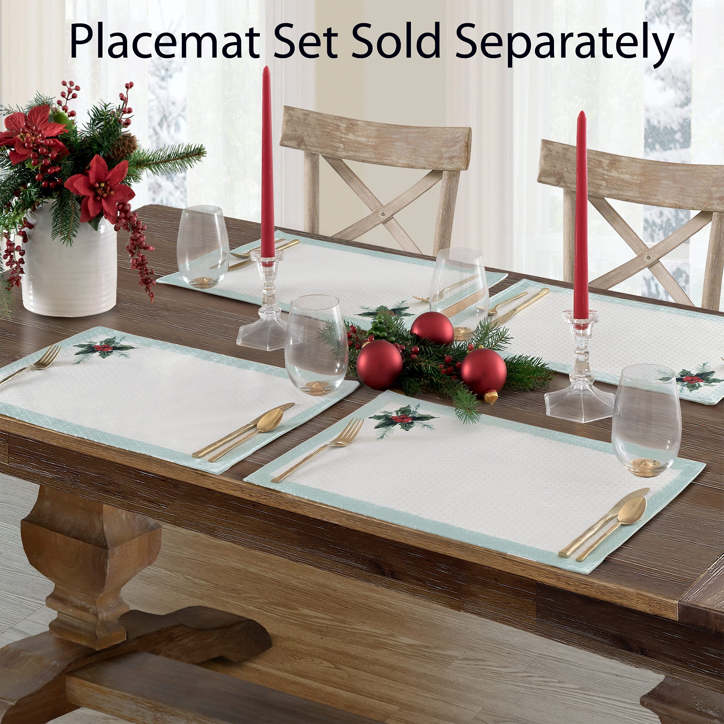 Lintex Holly Bough Stonewashed Border Traditional Christmas Tablecloth, Poinsettia And Holly Sprig, Sage Bordered Xmas Holiday E