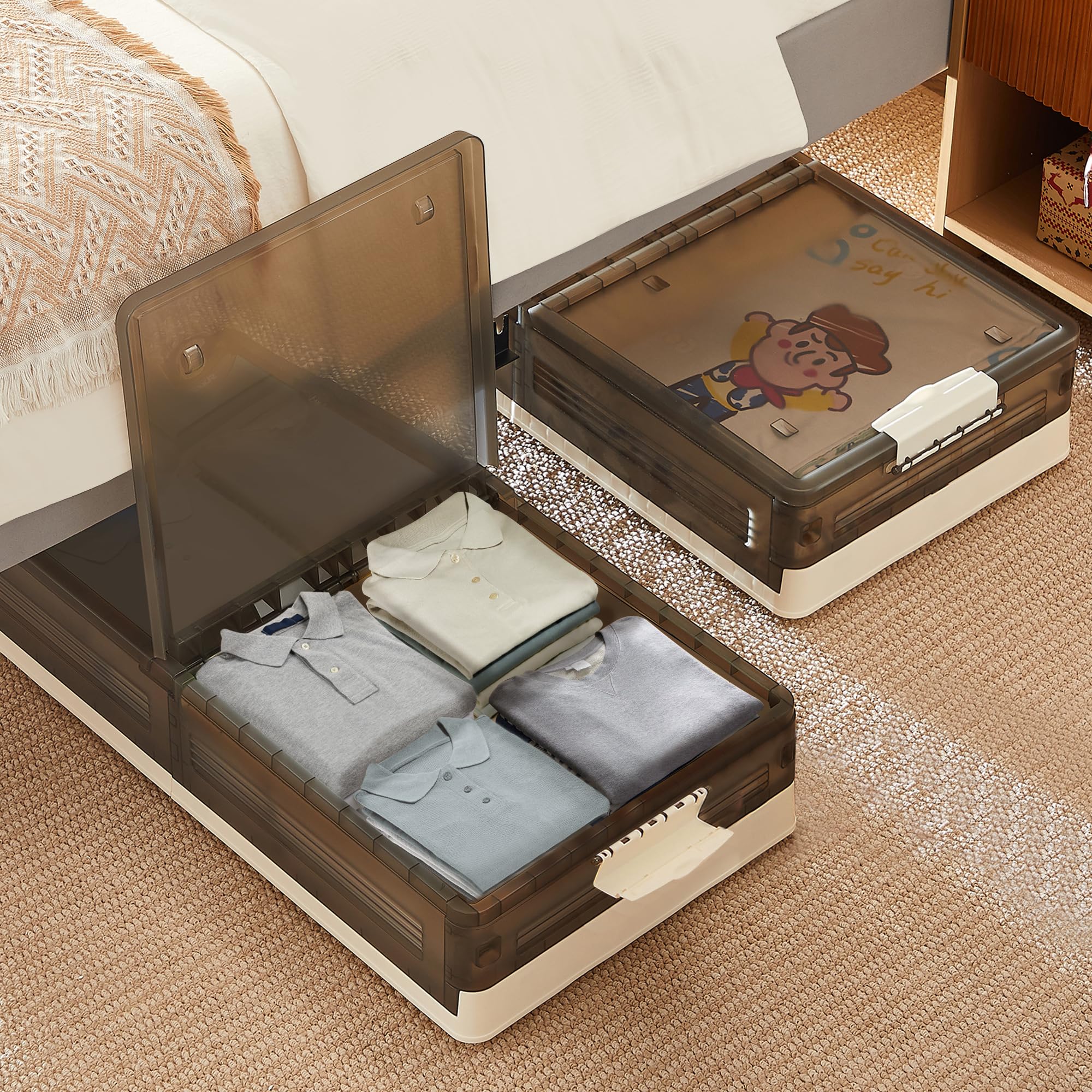 VECELO Under Bed Storage with Wheels, 2 Pack Stackable Under Bed Storage Containers, Underbed Storage Containers with Lids, Plas