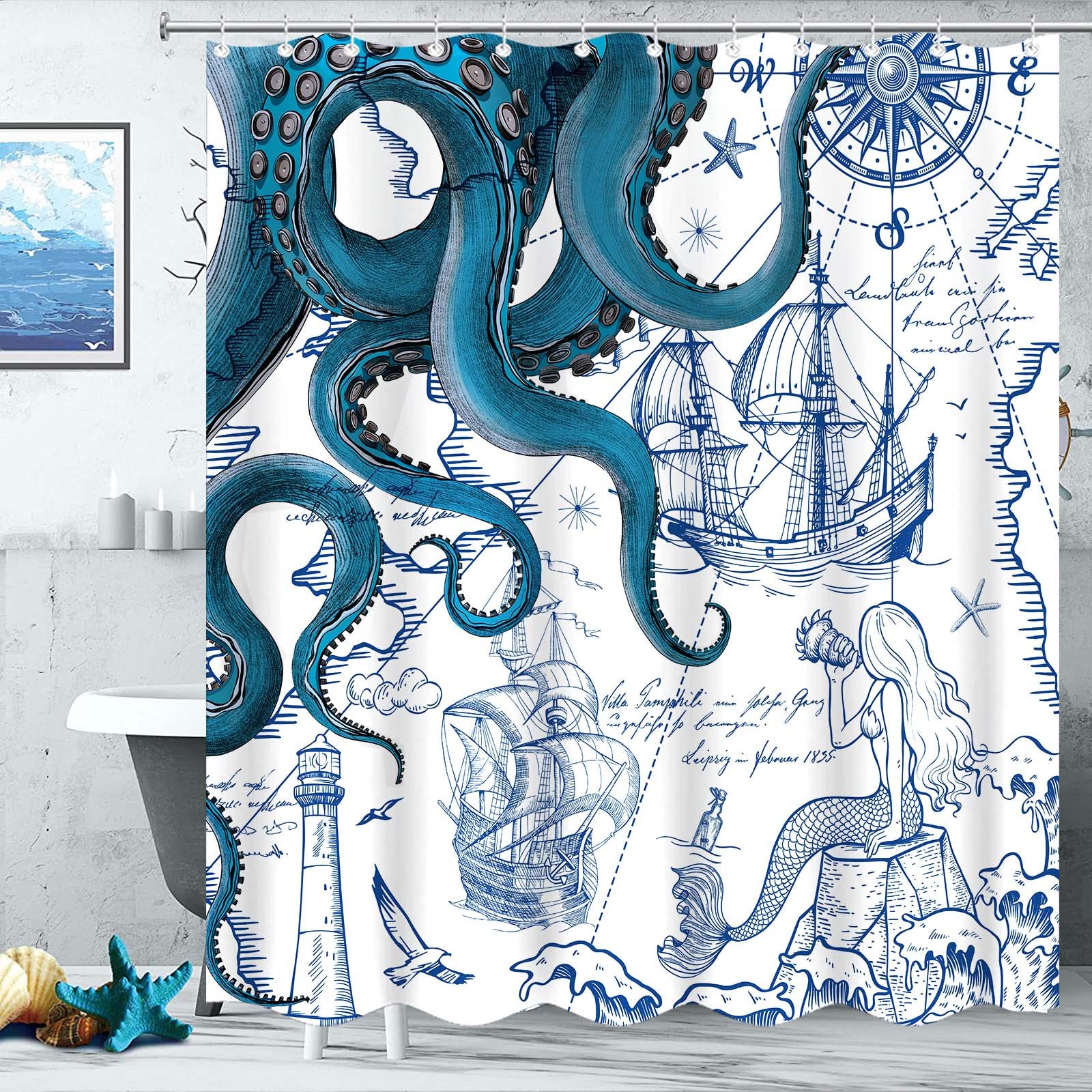 Fungarth Blue Nautical Octopus Shower Curtain Navy Mermaid Funny Ocean Kraken Shower Curtains For Bathroom Cool Anchor Coastal M
