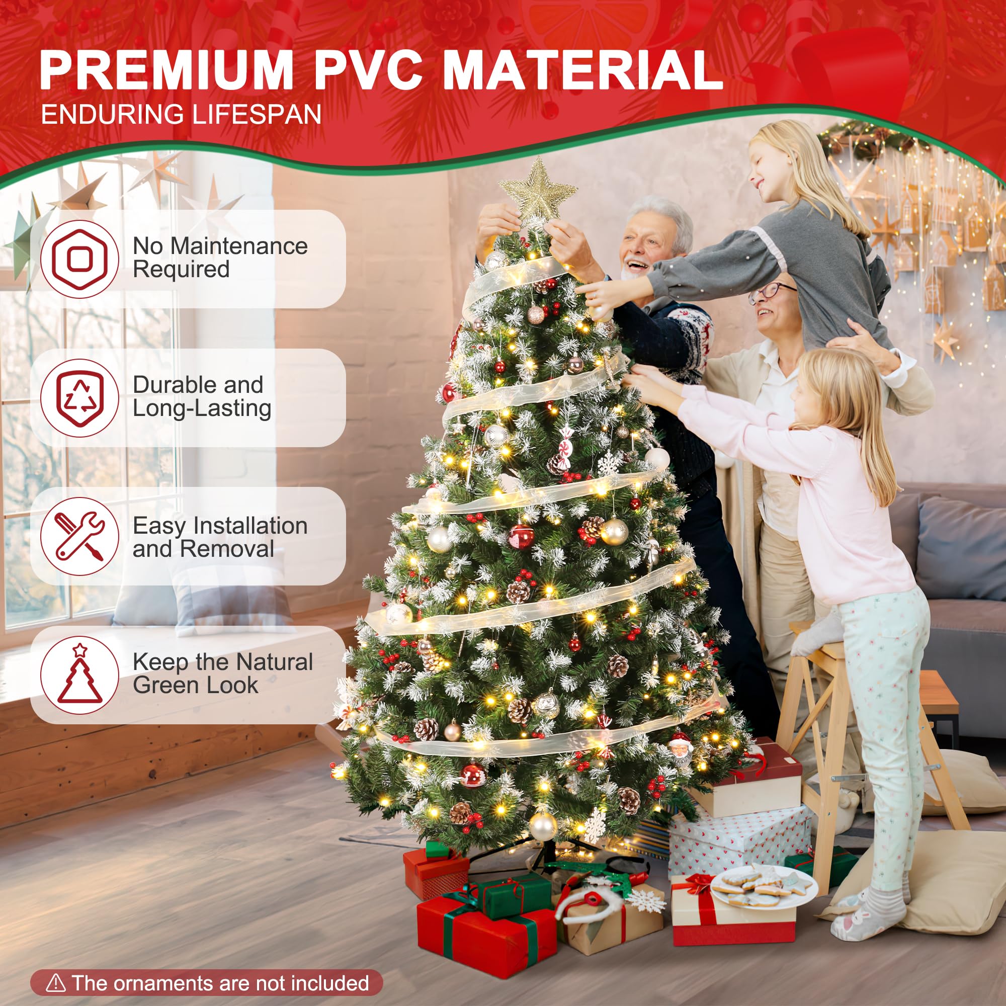 Hapsor Christmas Tree, 6ft Artificial Christmas Trees Pre lit Pre Decorated with 250 Warm Lights, Pine, Berry, Metal Hinged & Ba