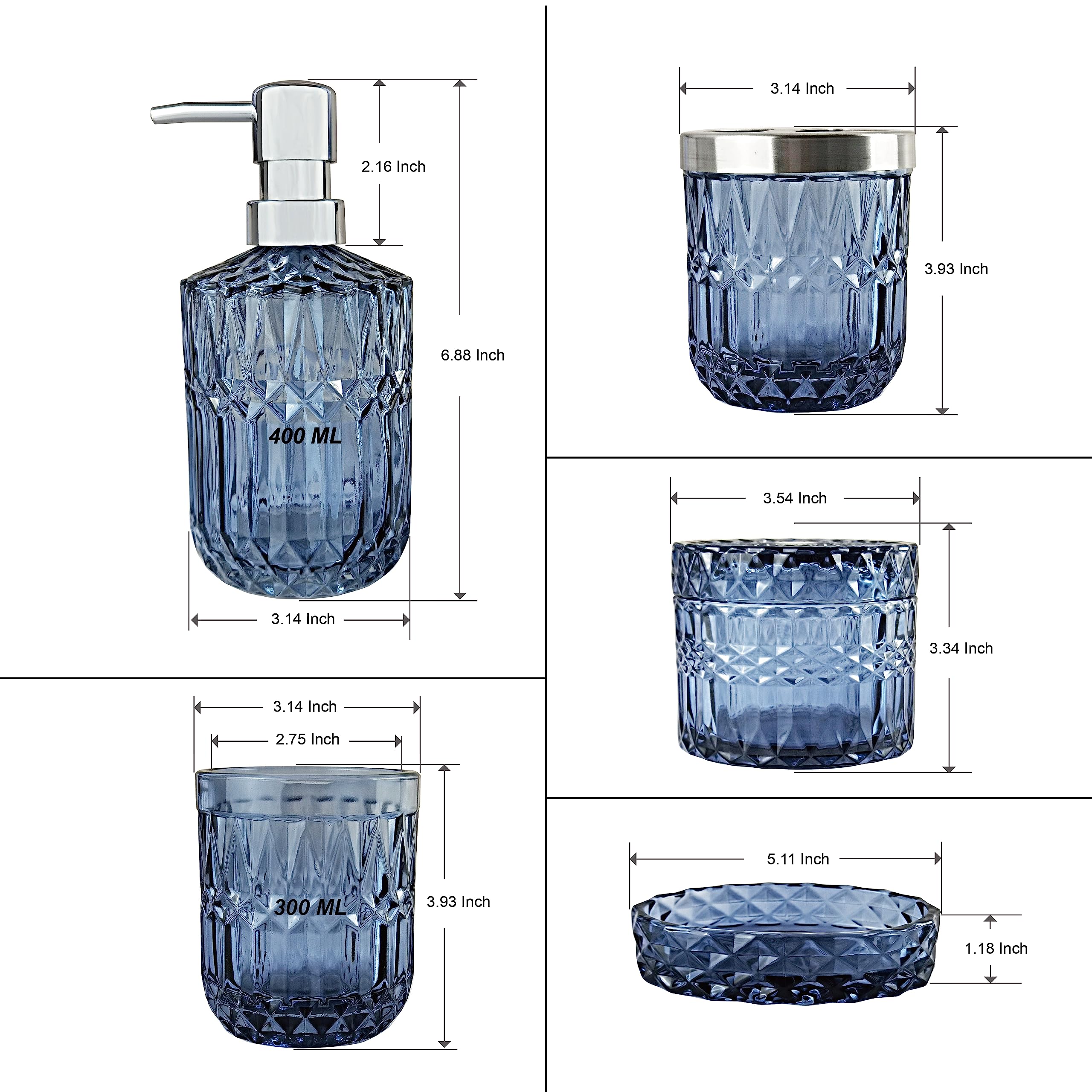 LaMarriti 5Pcs Blue Glass Bathroom Accessory Complete Set  Lotion Dispenser  Soap Dish  Tumbler  Cotton Swab Jars  Toothbrush Holder Set  Modern Bathroom Decor and Gift Set  Blue