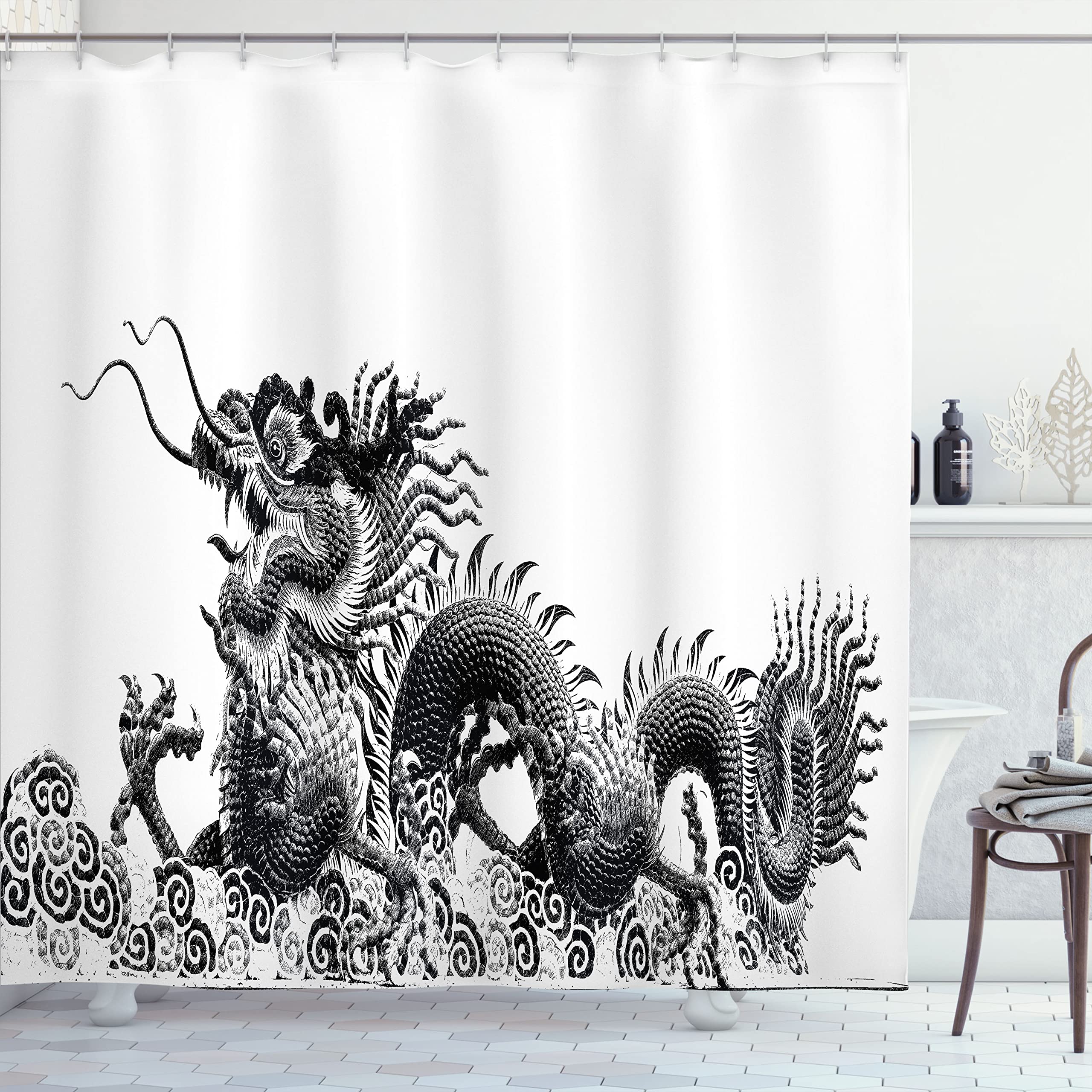 Ambesonne Dragon Shower Curtain, Traditional Chinese Dragon Symbolize Strength And Luck Powers Fantasy Graphic, Cloth Fabric Bat