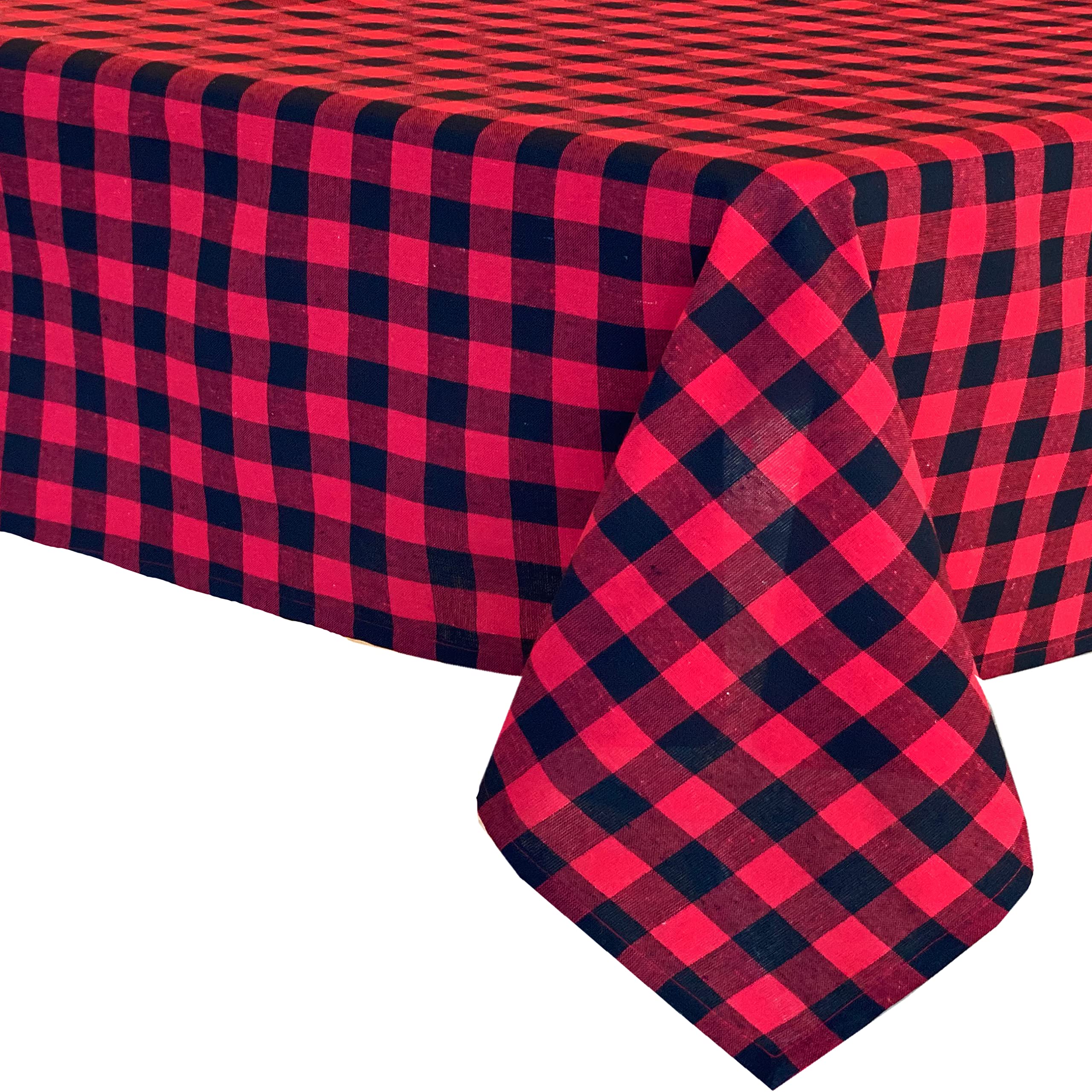Lintex Country Rustic Red And Black Buffalo Plaid Cotton Christmas Fabric Tablecloth, Cottage Style Holiday Plaid Easy Care Tabl