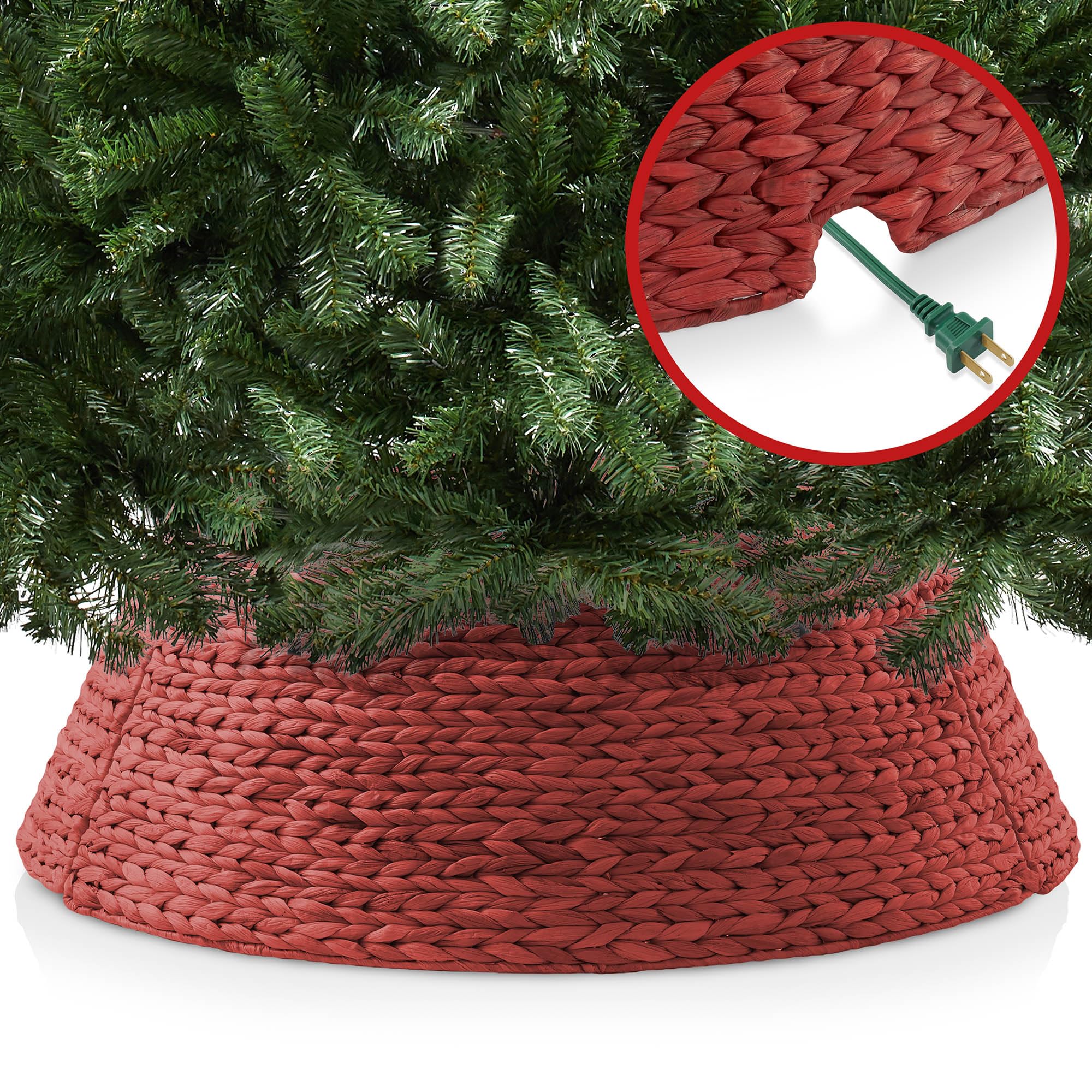 Casafield 42-Inch Christmas Tree Collar, Woven Water Hyacinth Tree Base Cover with Cord Cut Out, Red