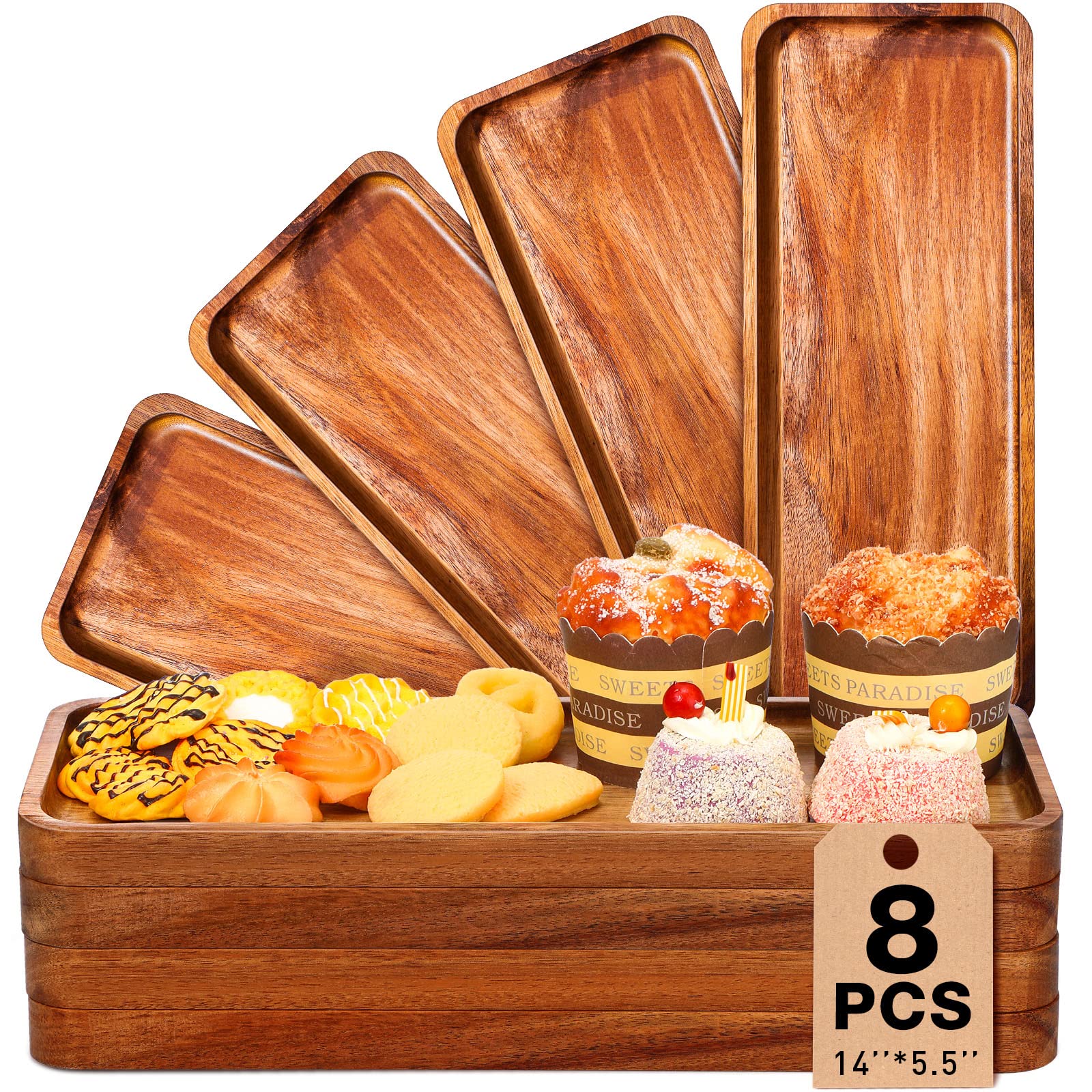 Roowest 8 Pcs Solid Acacia Wood Serving Tray 14 x 5.5 Rectangular Wooden Serving Platter Long Cheese Charcuterie Boards with