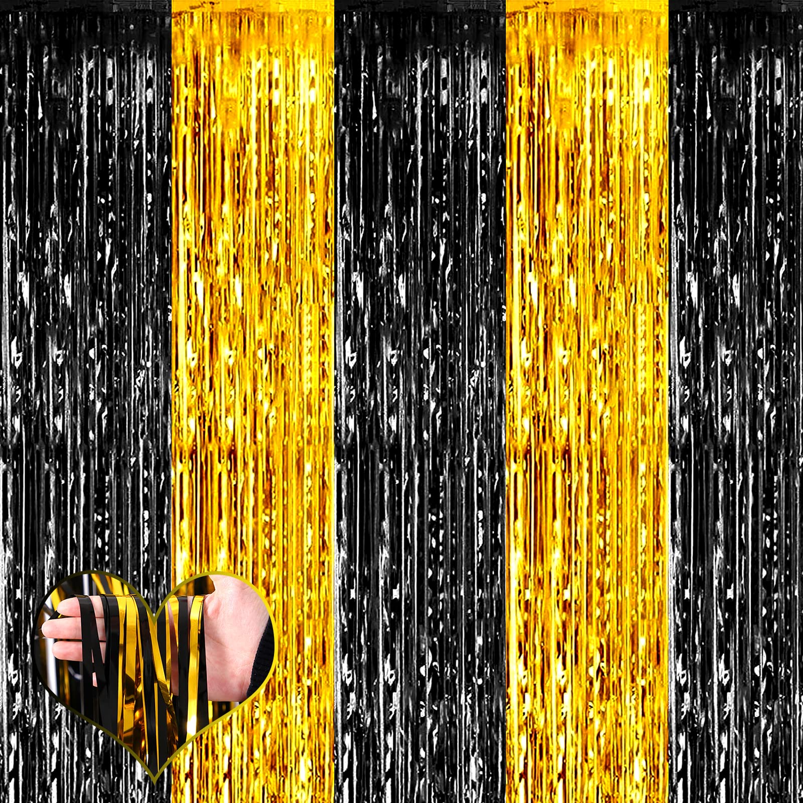 4 Pack 3.2Ft X 6.6Ft Black And Gold Fringe Curtain Backdrop, Metallic Tinsel Foil Fringe Streamers Curtains Background For Photo