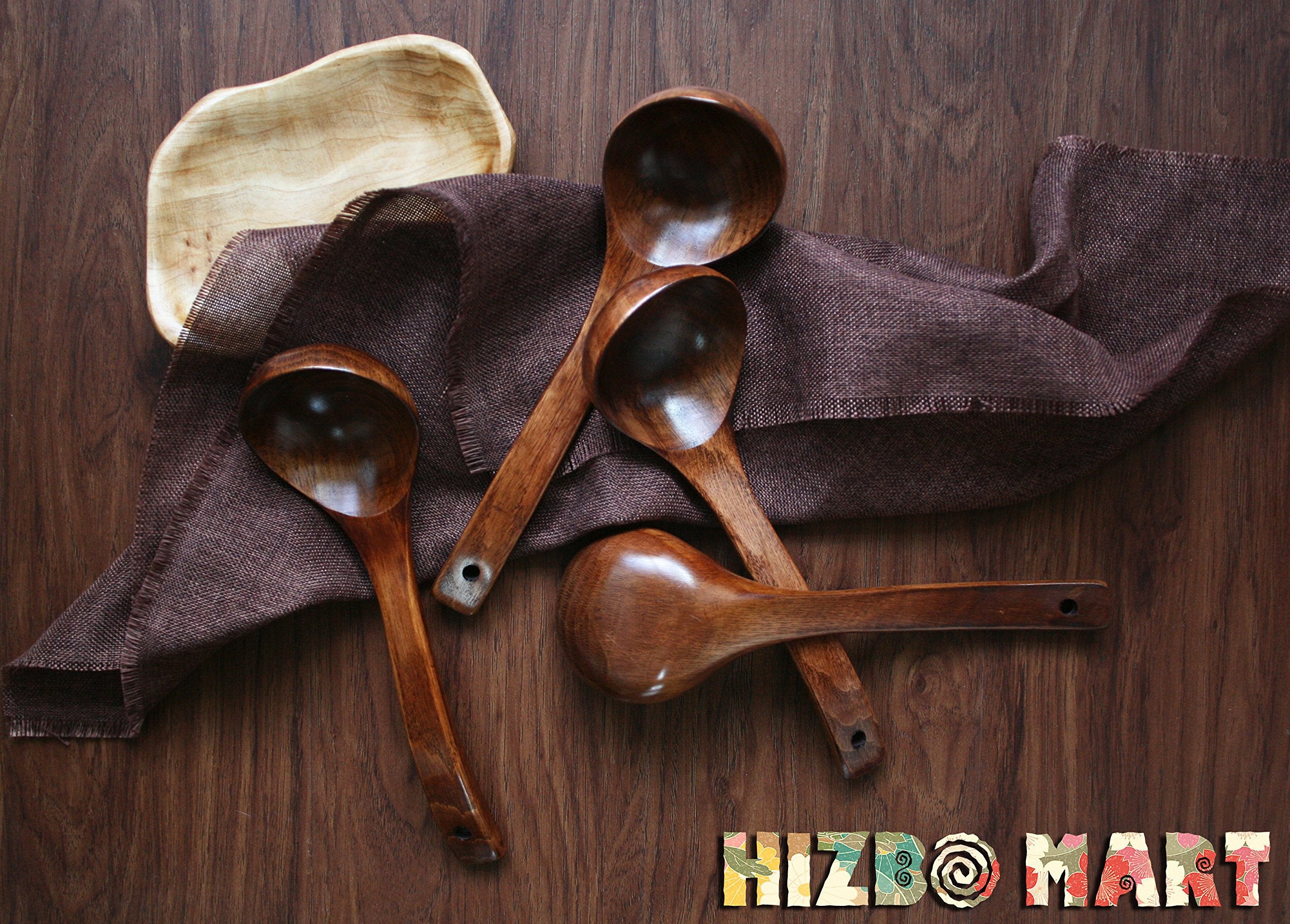 Hizbo Mart Straight Handle Wooden Wood Scoop Soup Spoon Ladle 9.5 Inch Brown(Set Of 2)