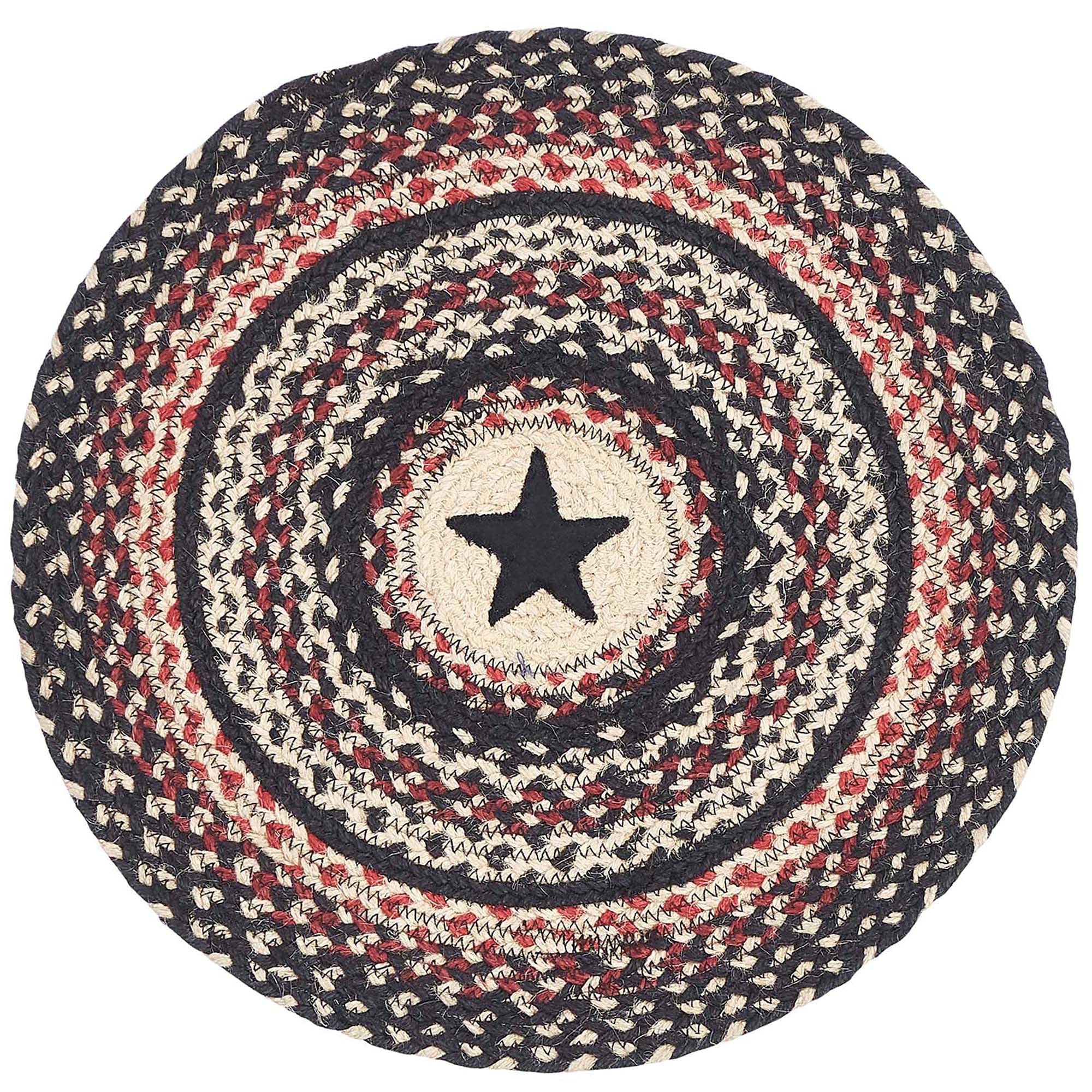 Vhc Brands Colonial Star Trivet Hot Pad For Pots Pans, Tan Black Red, Jute Blend, Round Circle, 15 Inches